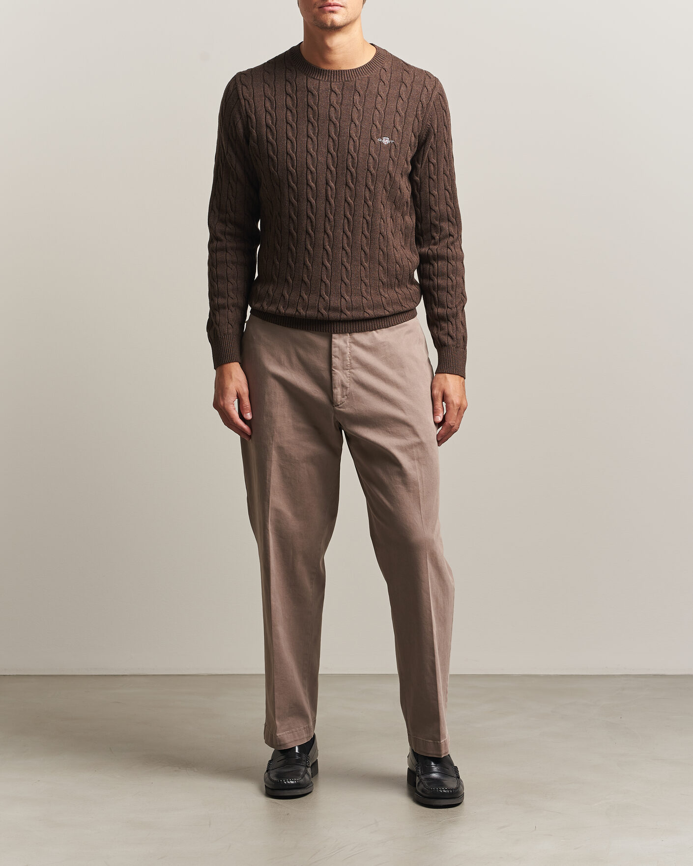 Mies | Puserot | Gant | Cotton Cable Crew Neck Black Brown Melange