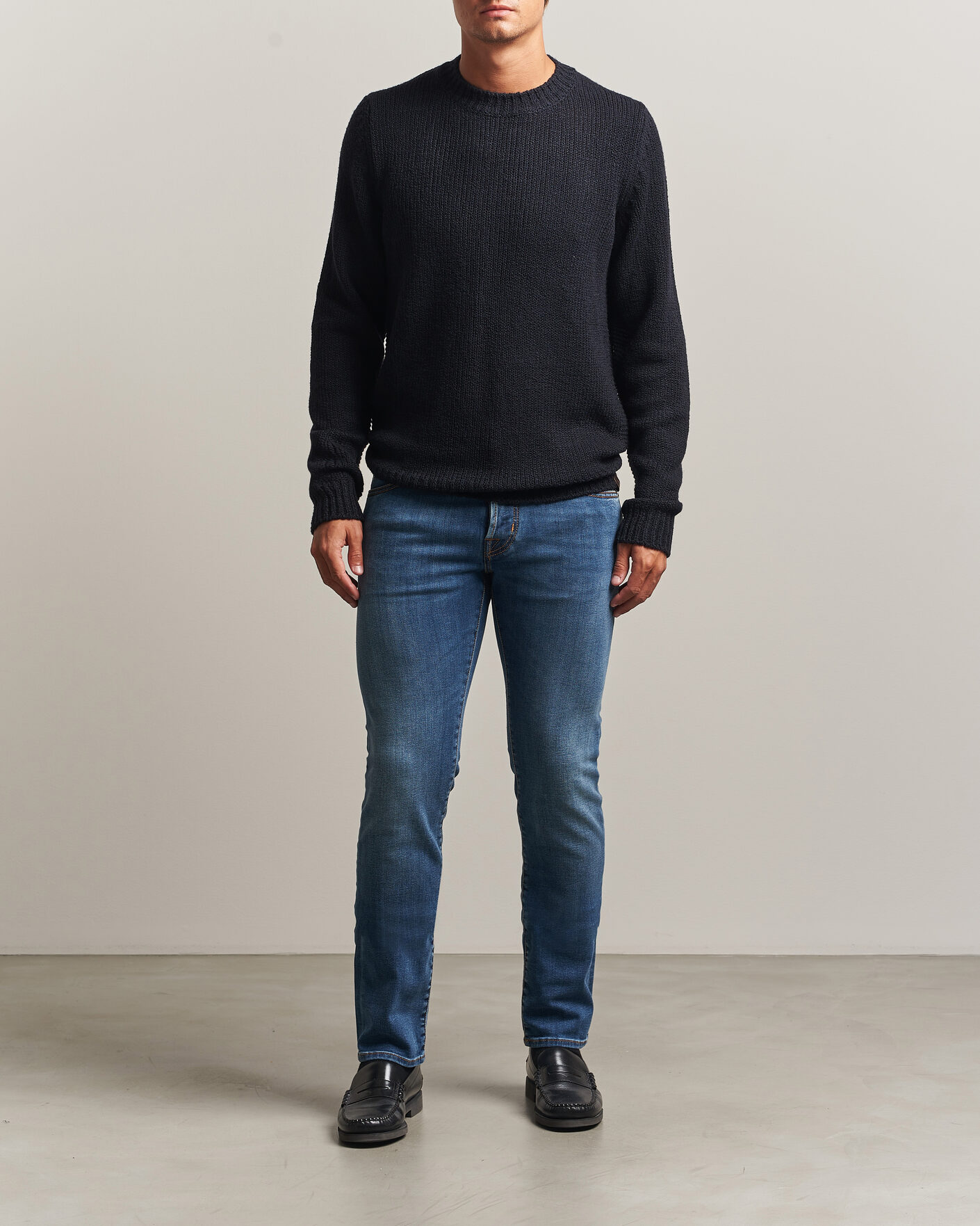 Mies | Puserot | Jacob Cohën | Muffled Virgin Wool Link Stitch Sweater Navy