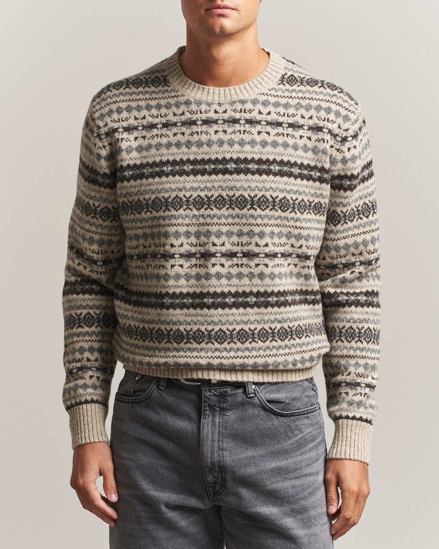 Mies | Puserot | Gant | Brushed Wool Fair Isle Sweater Light Beige Melange