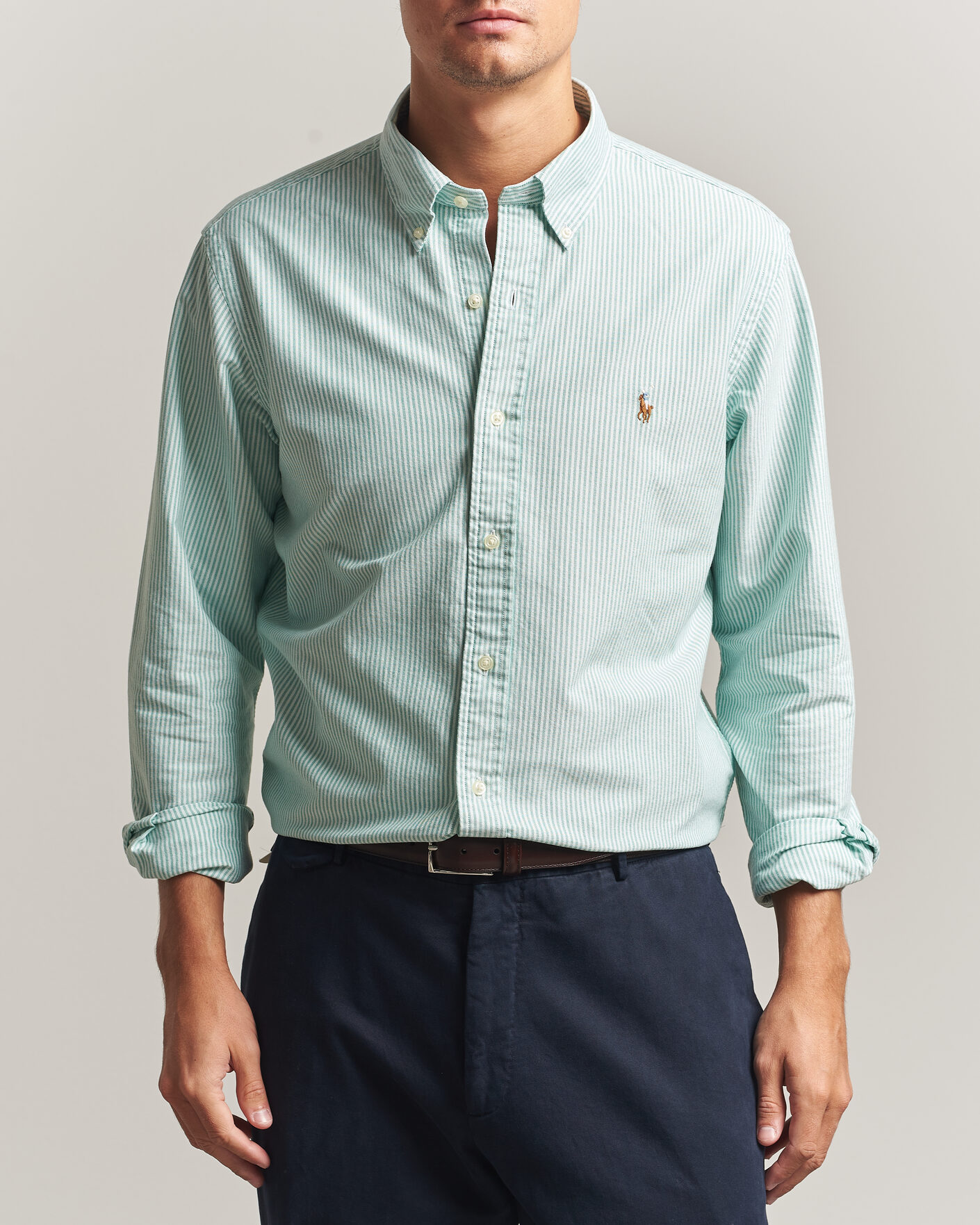 Mies | Kauluspaidat | Polo Ralph Lauren | Custom Fit Striped Oxford Shirt Scarab Green/White