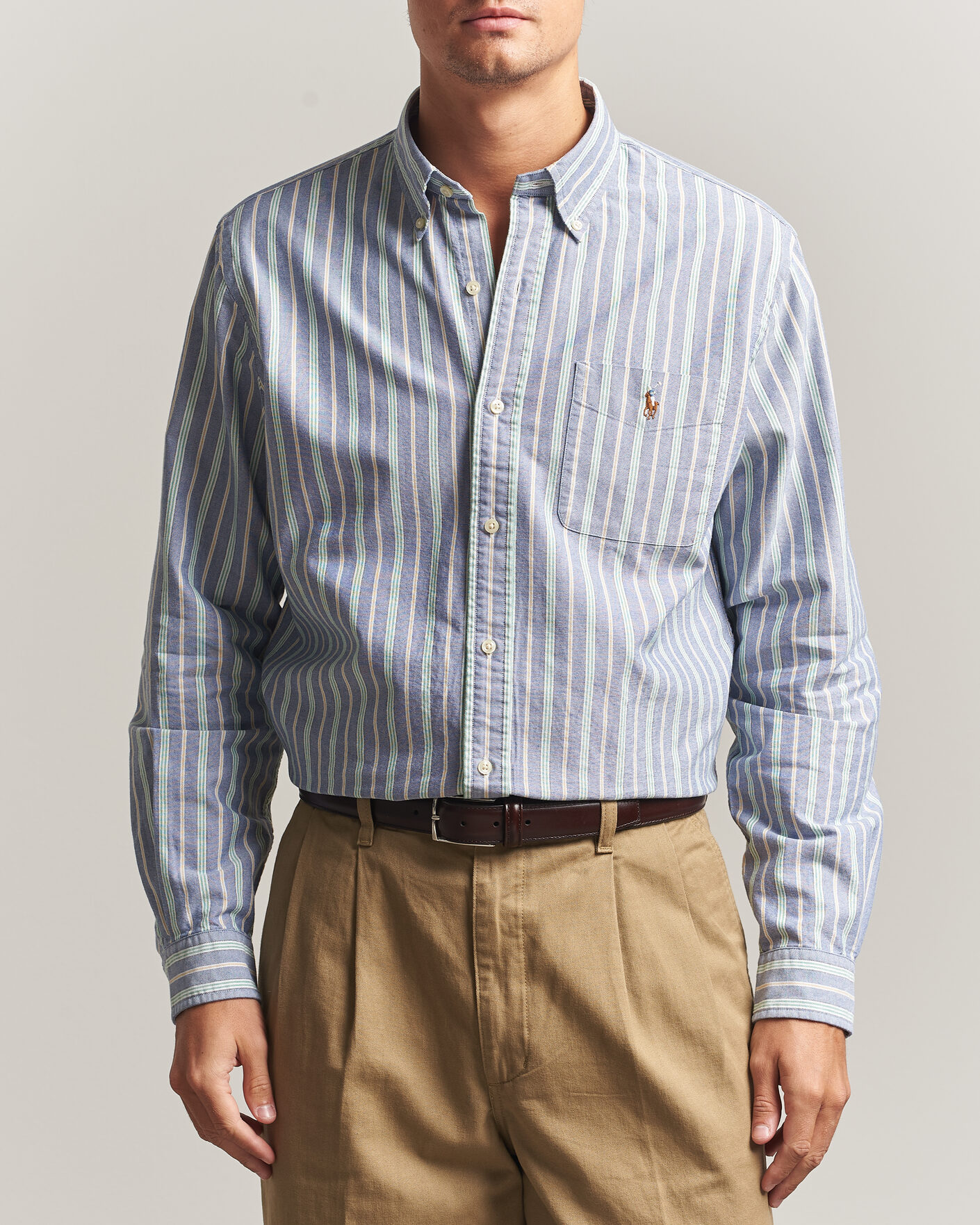 Mies | Kauluspaidat | Polo Ralph Lauren | Custom Fit Striped Pocket Oxford Shirt Navy/Yellow