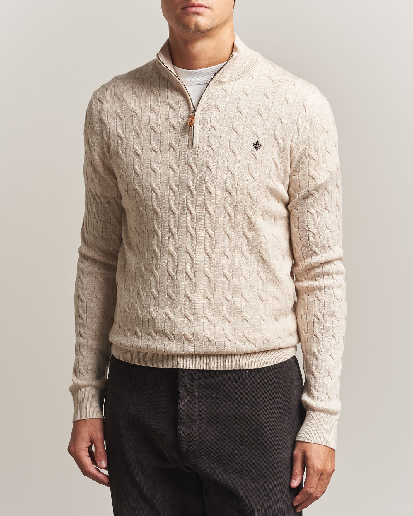 Mies | Puserot | Morris | Merino Cable Half Zip Off White