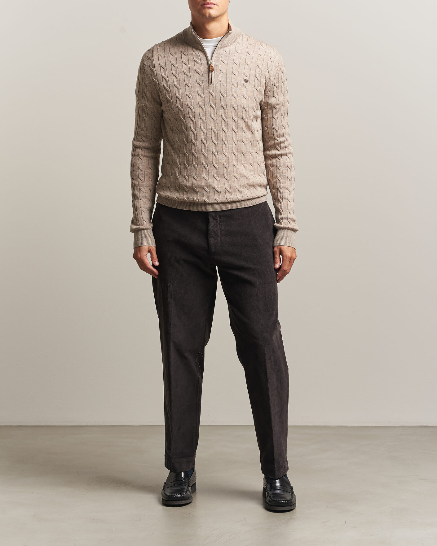 Mies | Puserot | Morris | Merino Cable Half Zip Khaki