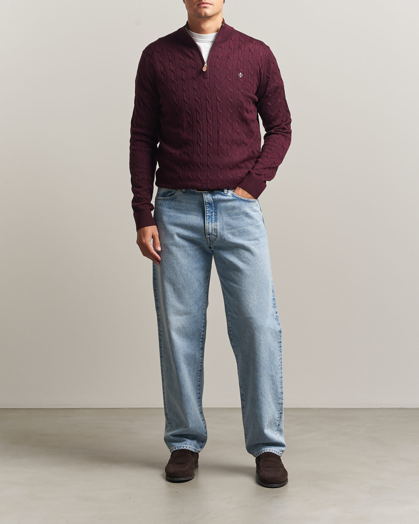 Mies | Puserot | Morris | Merino Cable Half Zip Wine Red