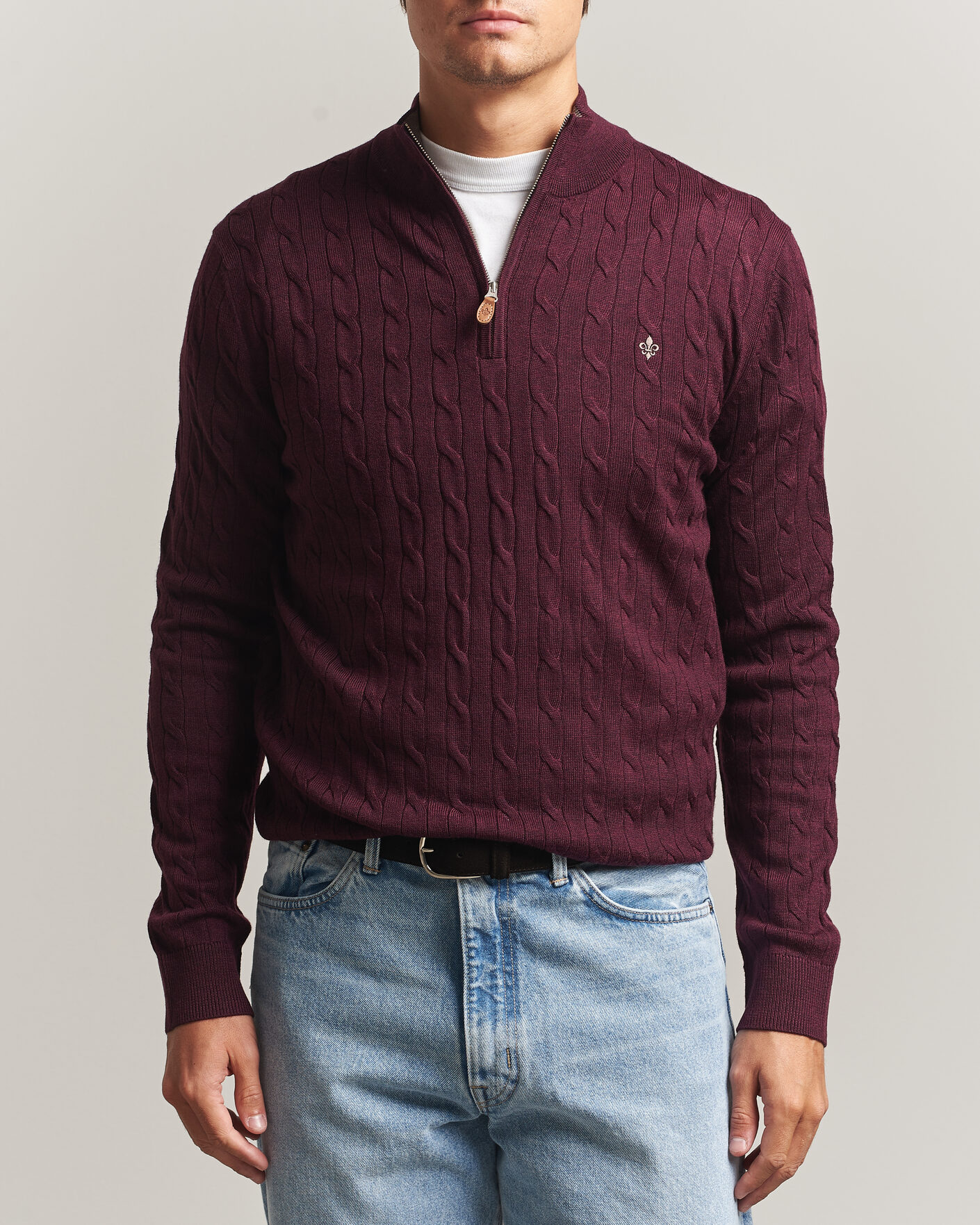 Mies | Puserot | Morris | Merino Cable Half Zip Wine Red