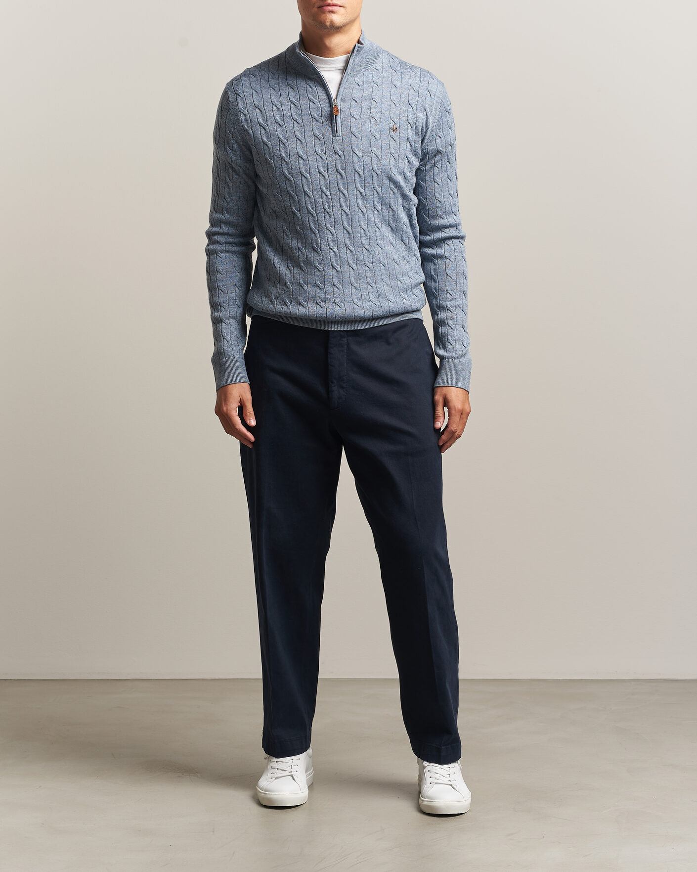Mies | Puserot | Morris | Merino Cable Half Zip Light Blue