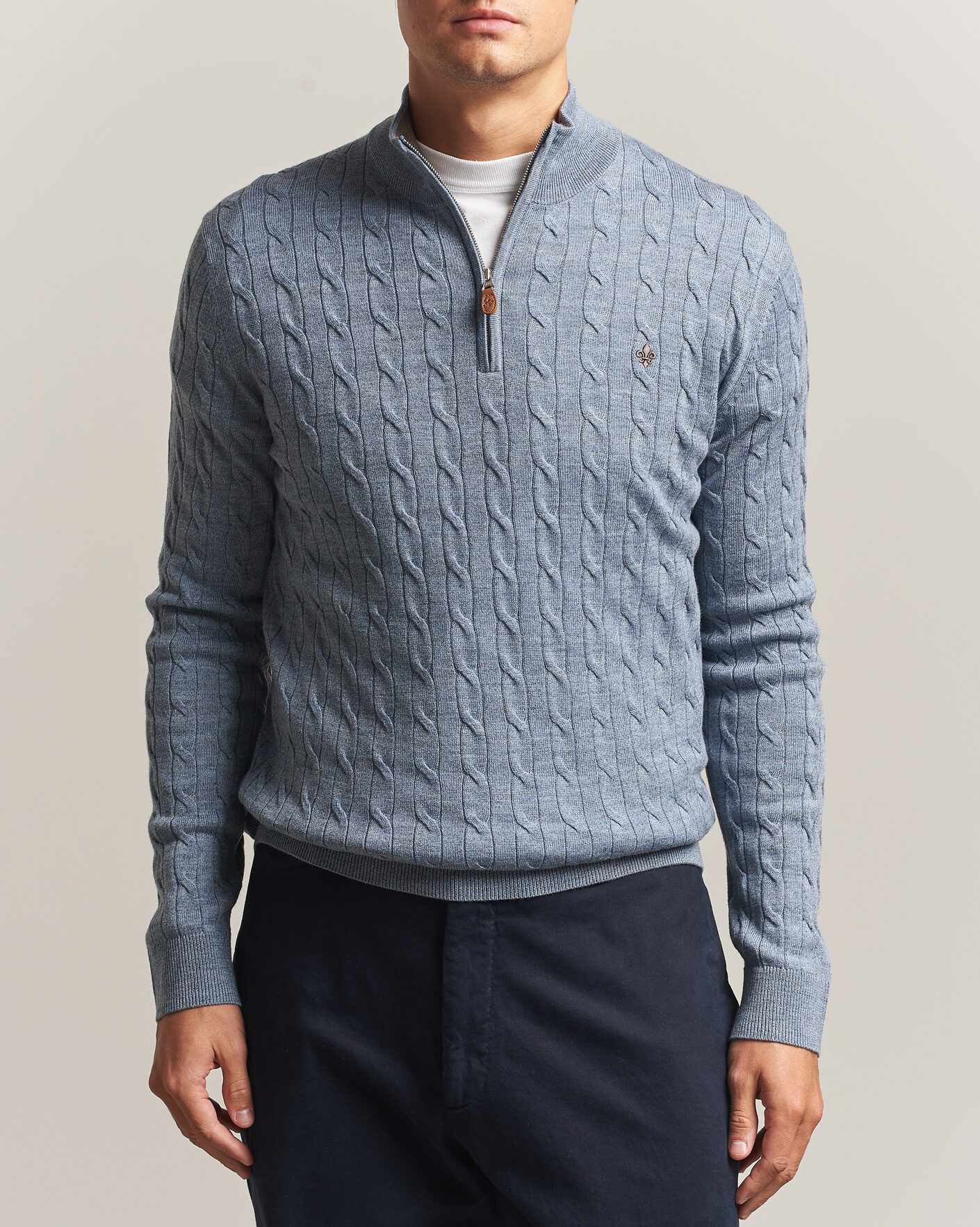 Mies | Puserot | Morris | Merino Cable Half Zip Light Blue