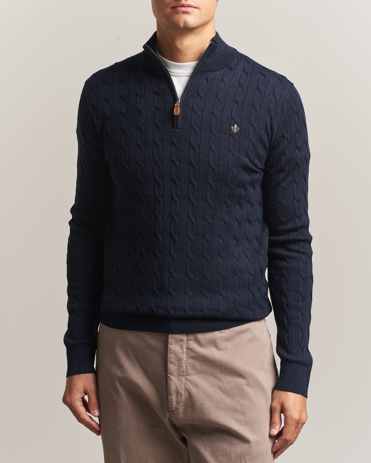 Mies | Puserot | Morris | Merino Cable Half Zip Navy