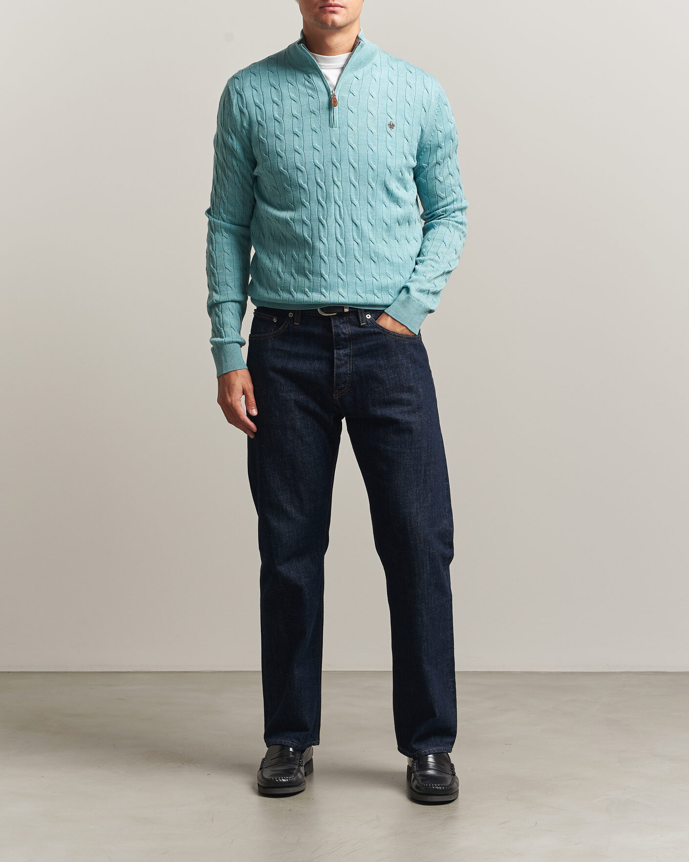 Mies | Puserot | Morris | Merino Cable Half Zip Ocean Blue