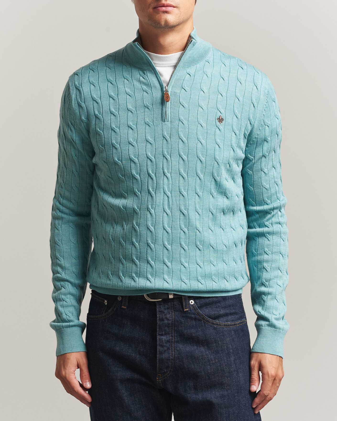 Mies | Puserot | Morris | Merino Cable Half Zip Ocean Blue