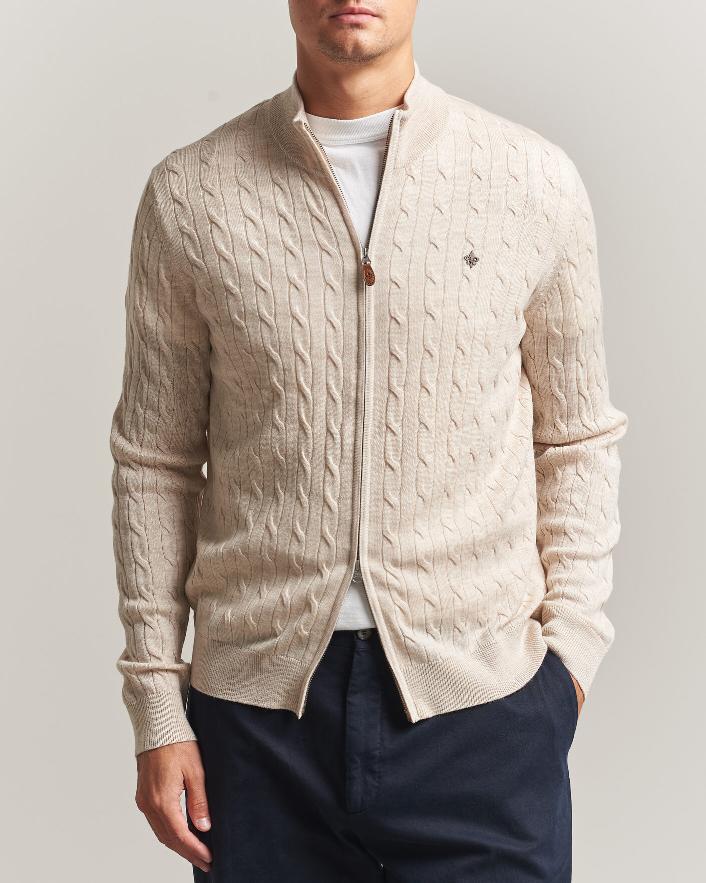 Mies | Puserot | Morris | Merino Cable Zip Cardigan Off White
