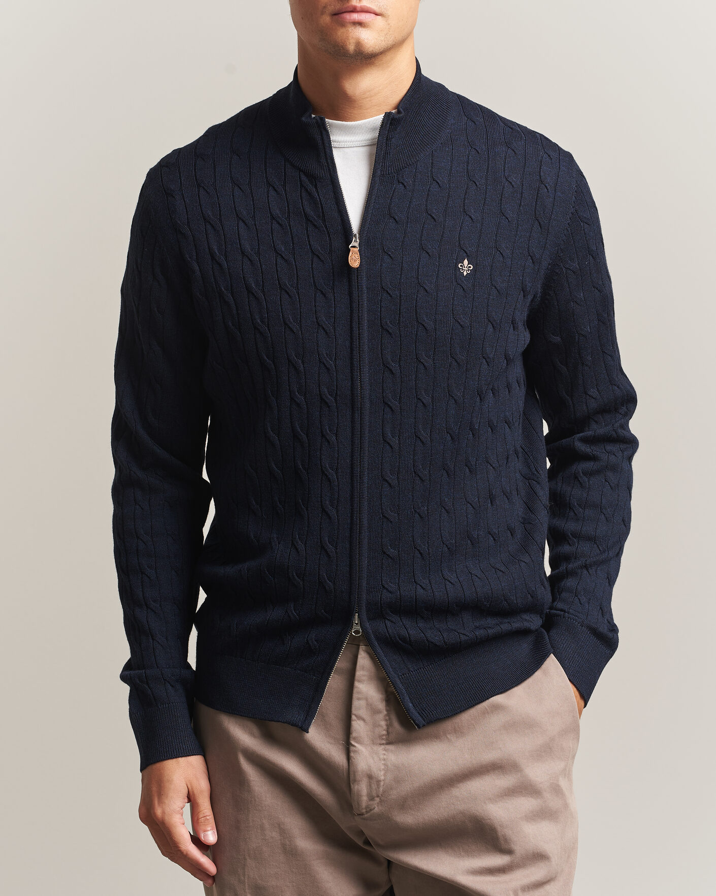 Mies | Puserot | Morris | Merino Cable Zip Cardigan Navy