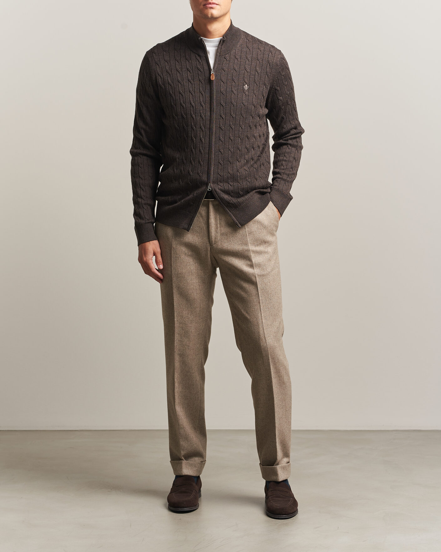 Mies | Puserot | Morris | Merino Cable Zip Cardigan Brown