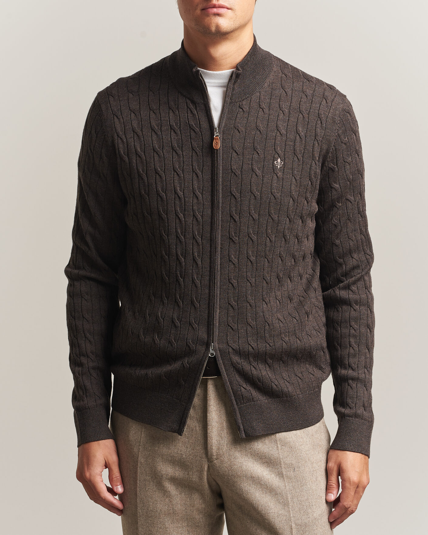 Mies | Puserot | Morris | Merino Cable Zip Cardigan Brown