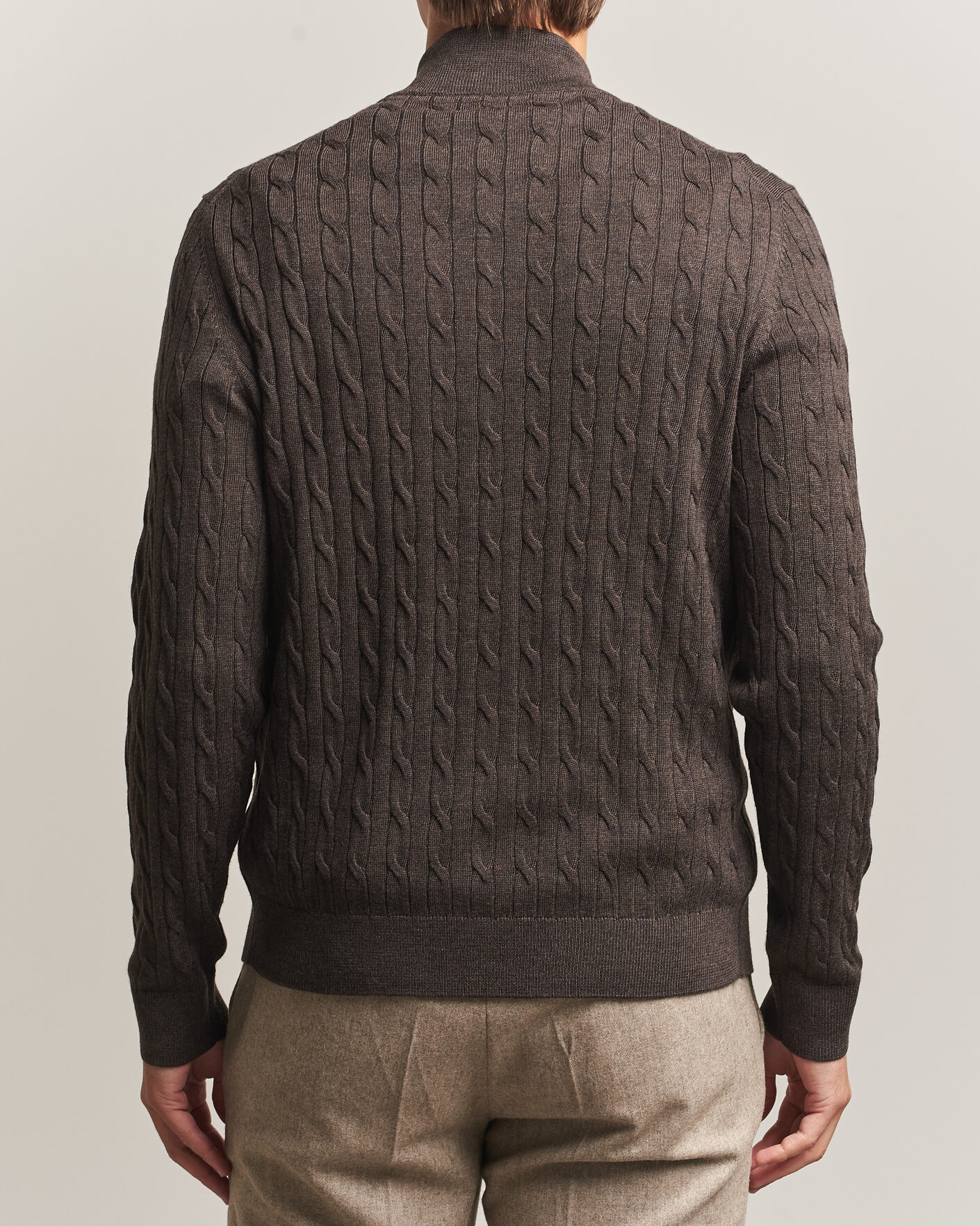 Mies | Puserot | Morris | Merino Cable Zip Cardigan Brown