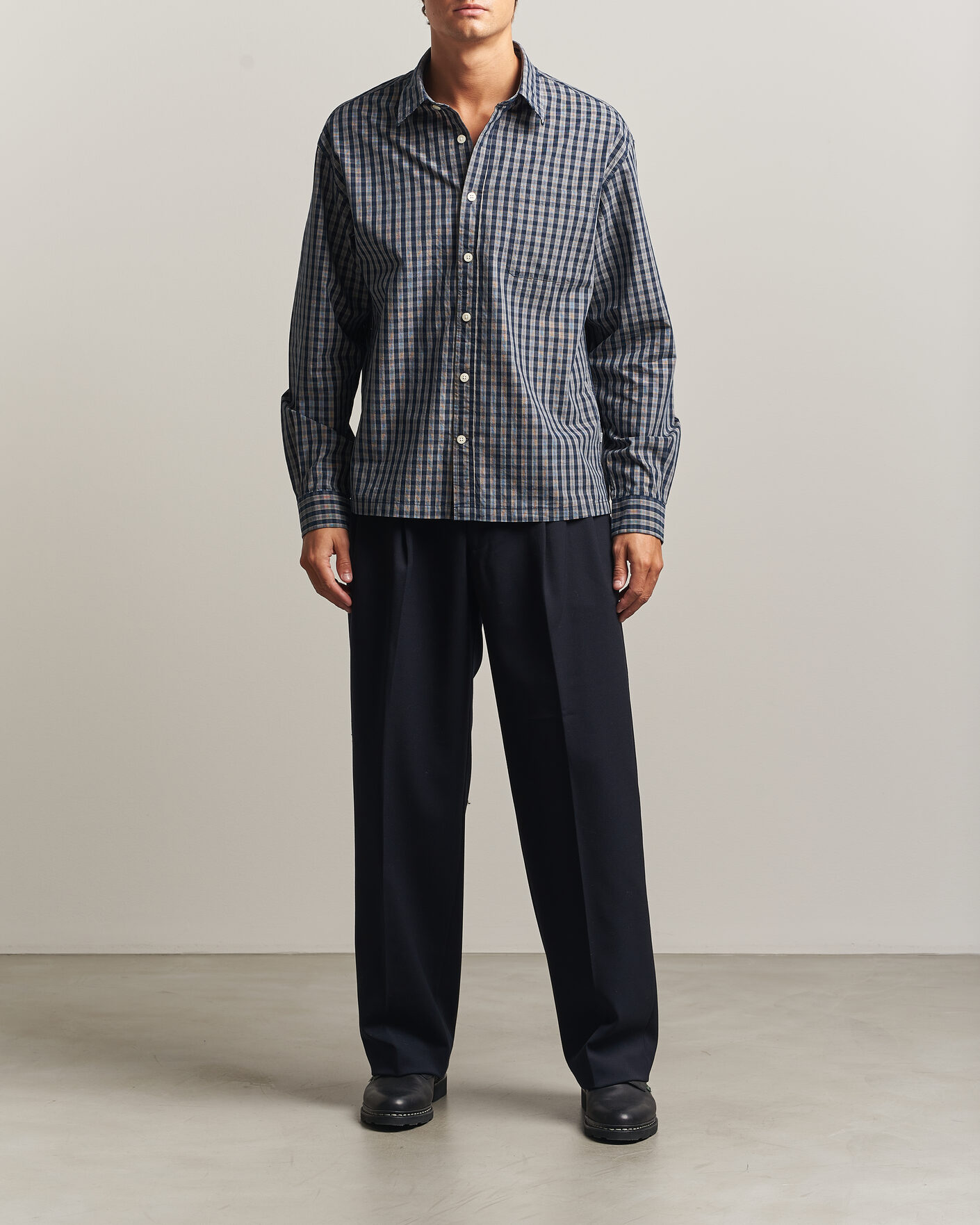 Mies | Kauluspaidat | NN07 | Deon Brushed Cotton Checked Shirt Navy Blue