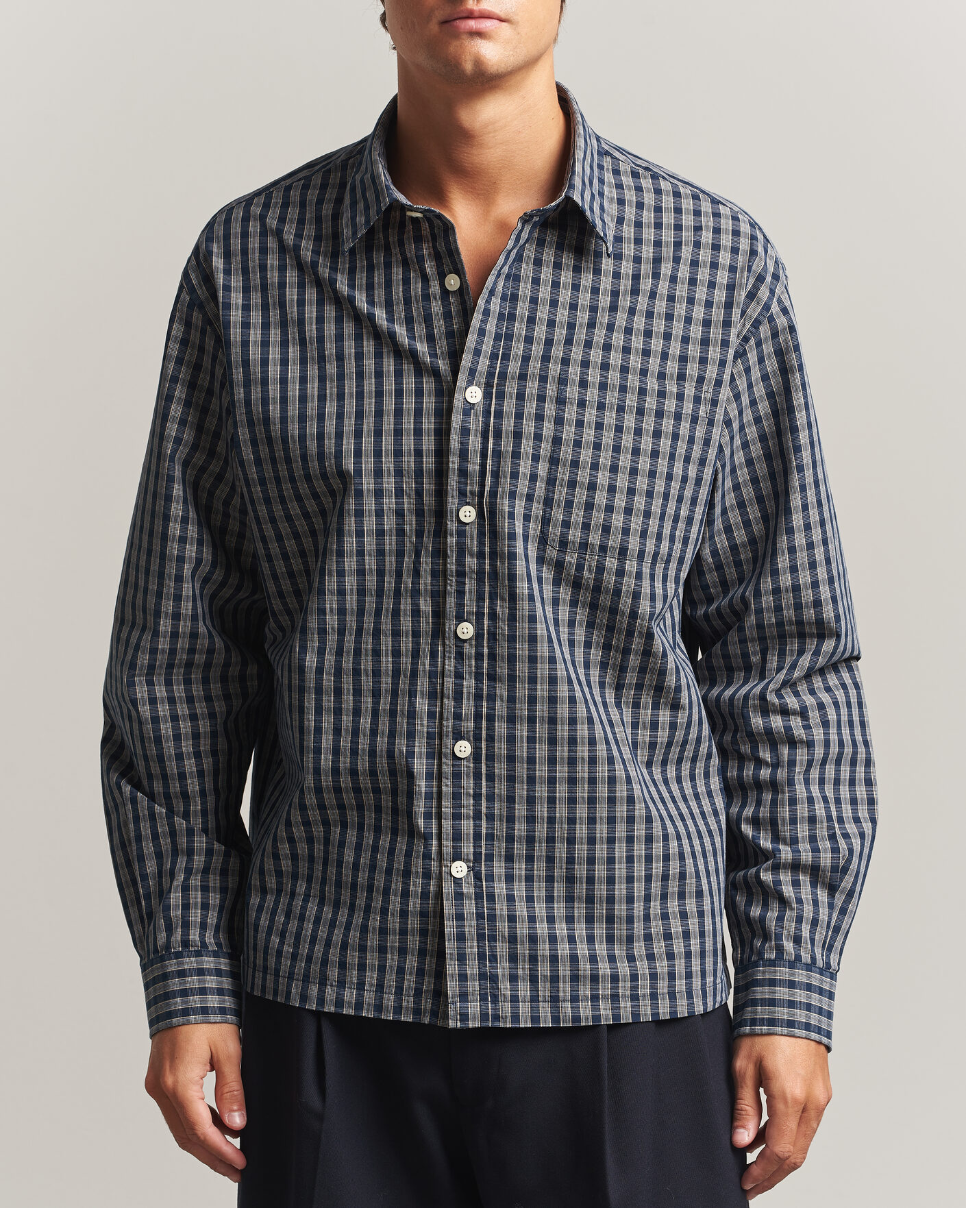 Mies | Kauluspaidat | NN07 | Deon Brushed Cotton Checked Shirt Navy Blue