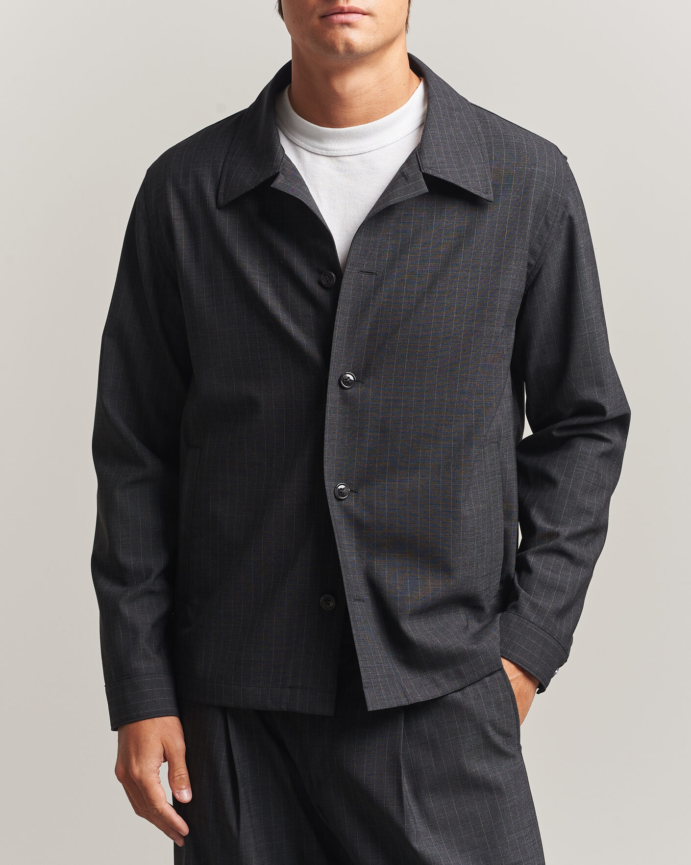 Mies | Kauluspaidat | NN07 | Zander Wool Pinstriped Overshirt Dark Grey