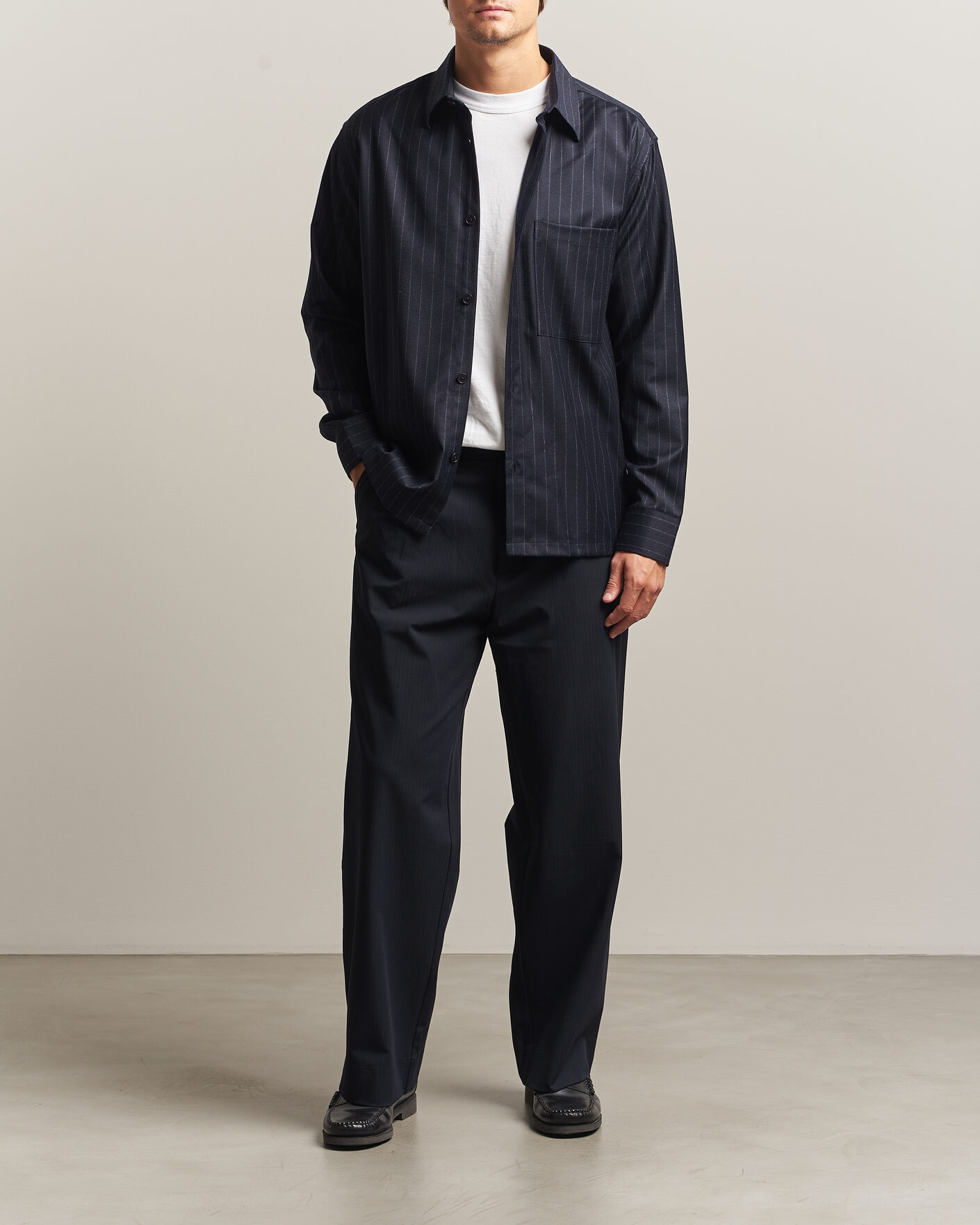 Mies | Kauluspaidat | NN07 | Freddy Wool Pinstriped Overshirt Navy