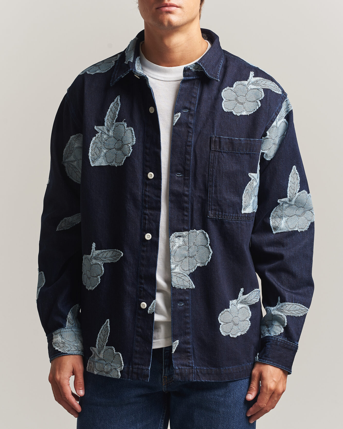 Mies | Kauluspaidat | NN07 | Adwin Fil‑coupé Jacquard Denim Overshirt Dark Blue