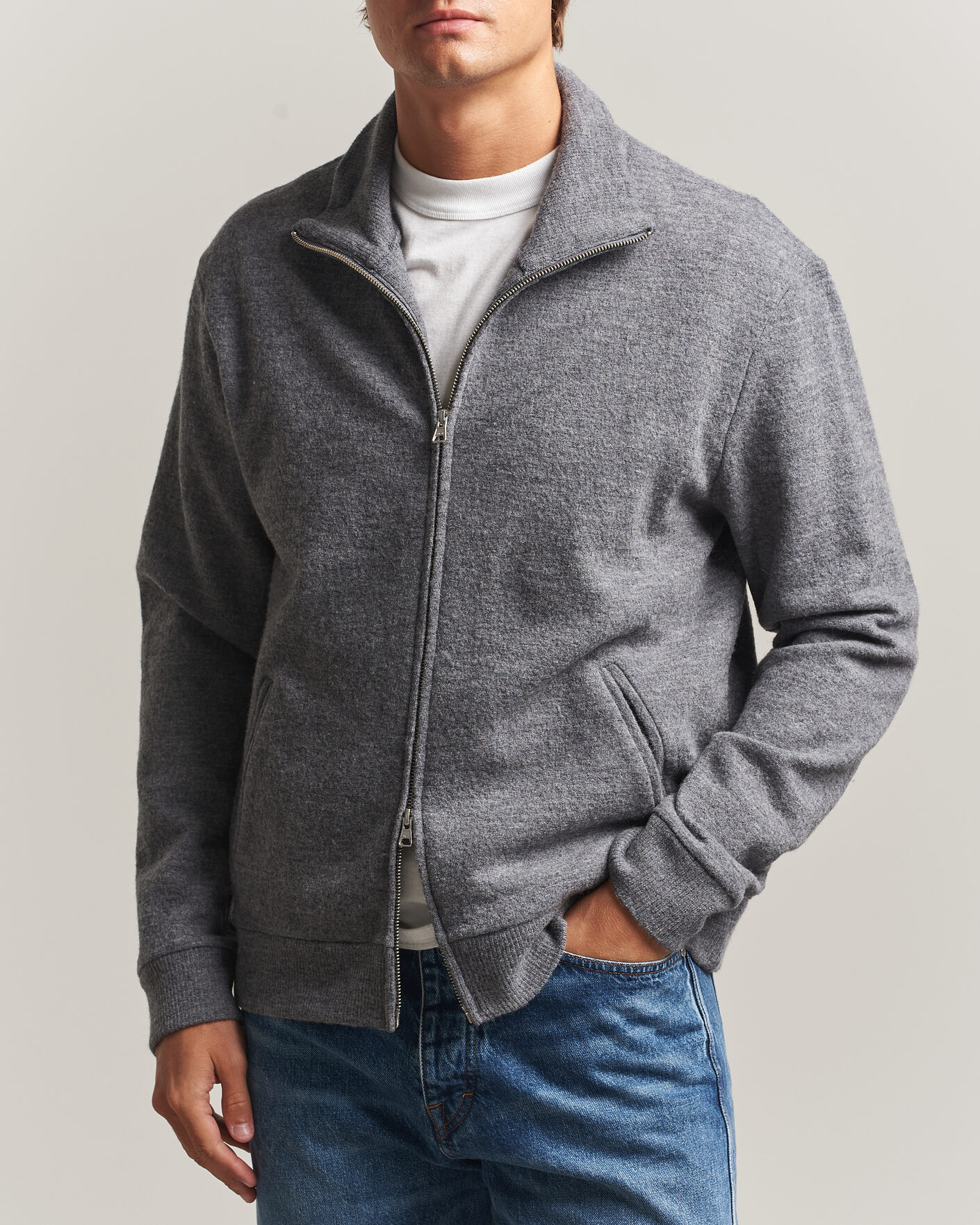 Mies | Puserot | NN07 | Soft Boiled Wool Full Zip Dark Grey Melange