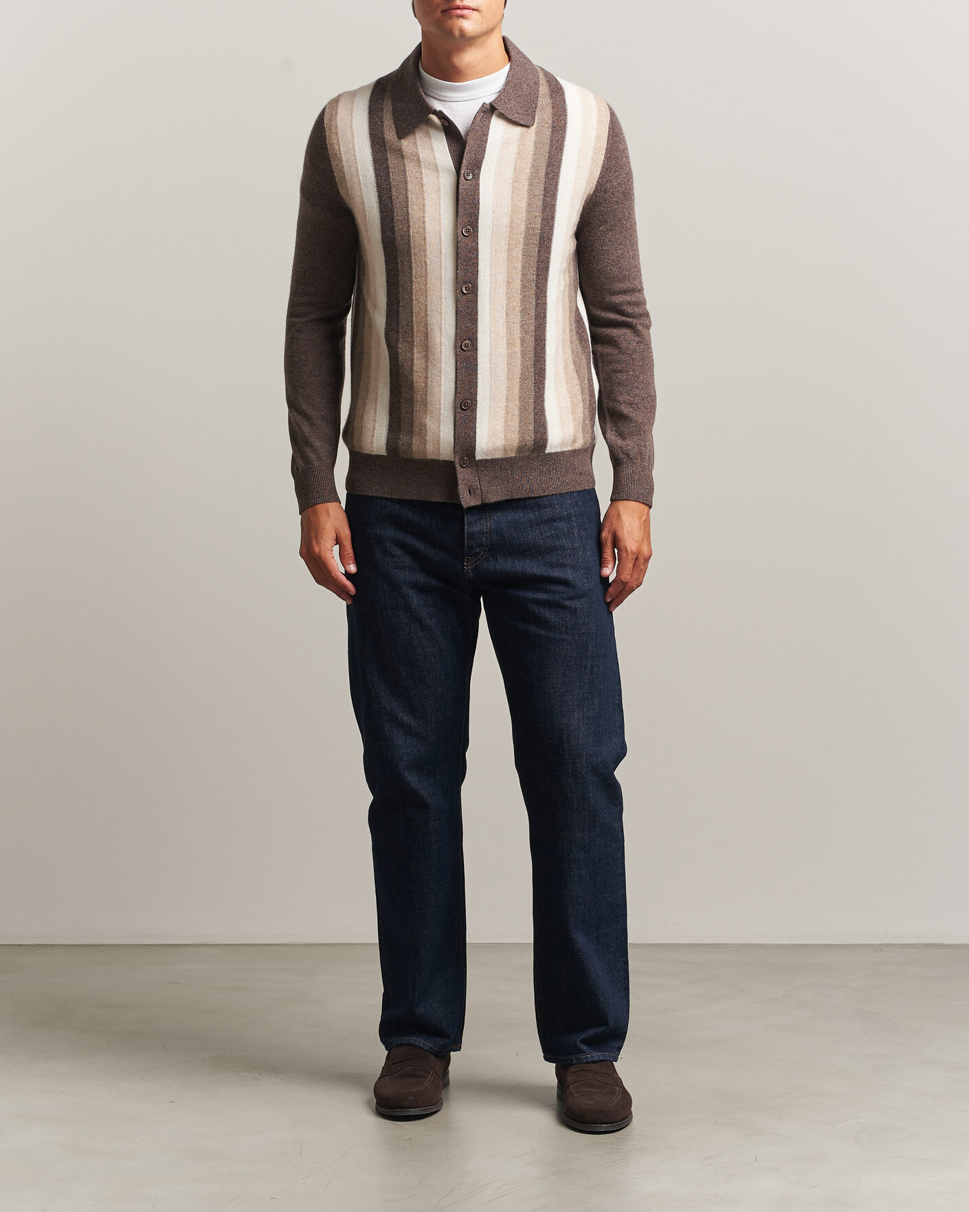Mies | Puserot | Stenströms | Cashmere Striped Polo Cardigan Brown