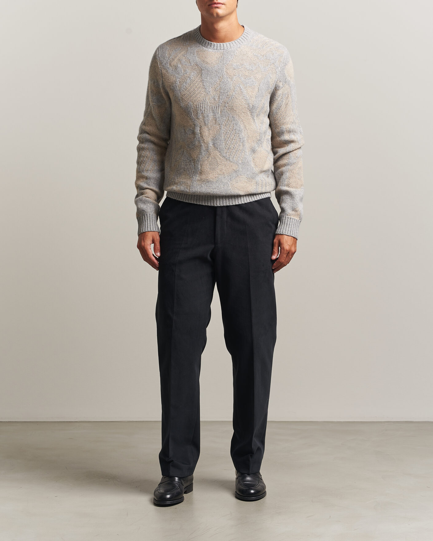 Mies | Puserot | Stenströms | Knitted Jaquard Yak/Merino Sweater Beige Grey
