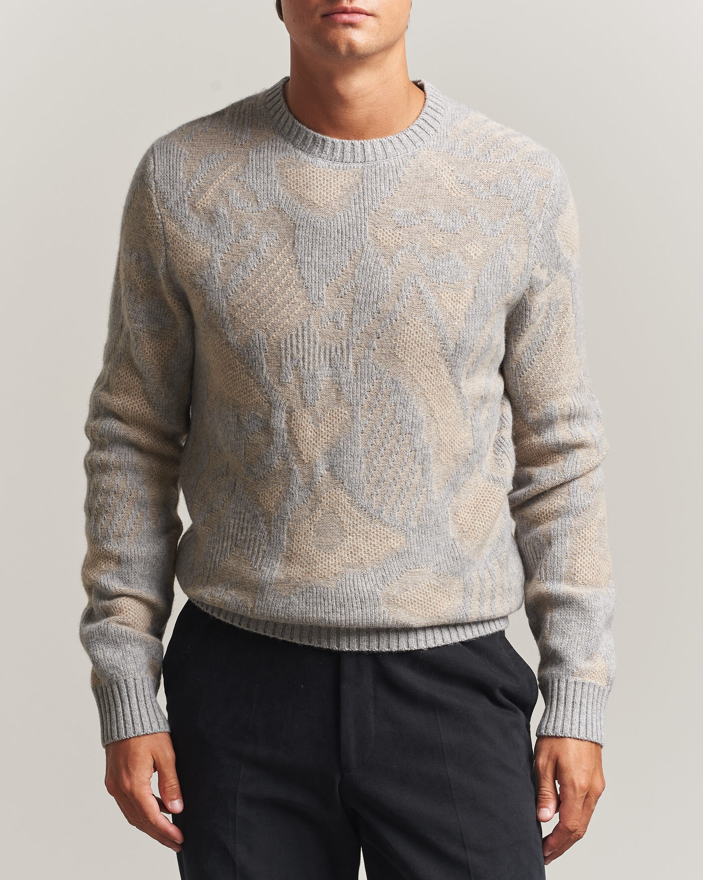 Mies | Puserot | Stenströms | Knitted Jaquard Yak/Merino Sweater Beige Grey