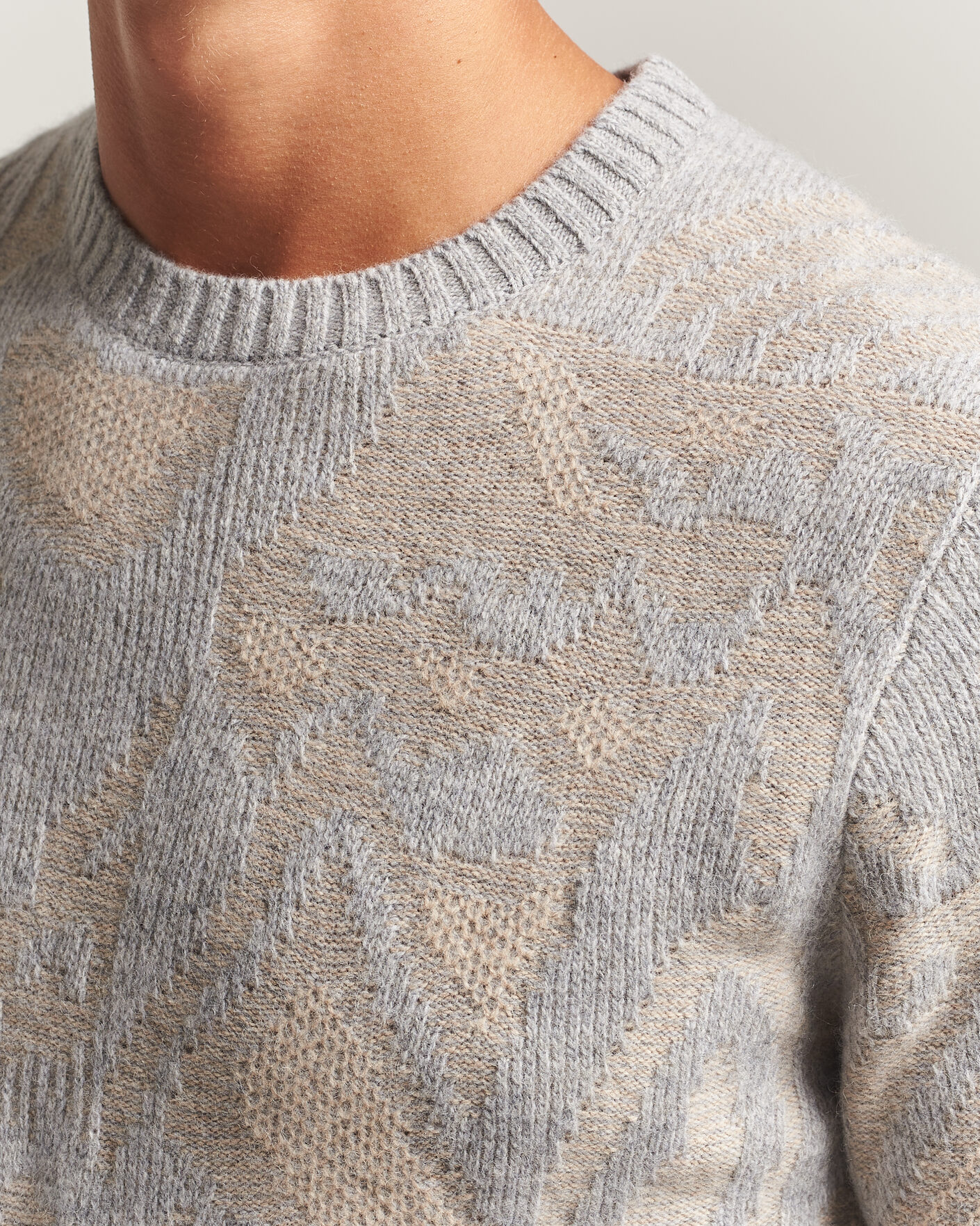 Mies | Puserot | Stenströms | Knitted Jaquard Yak/Merino Sweater Beige Grey