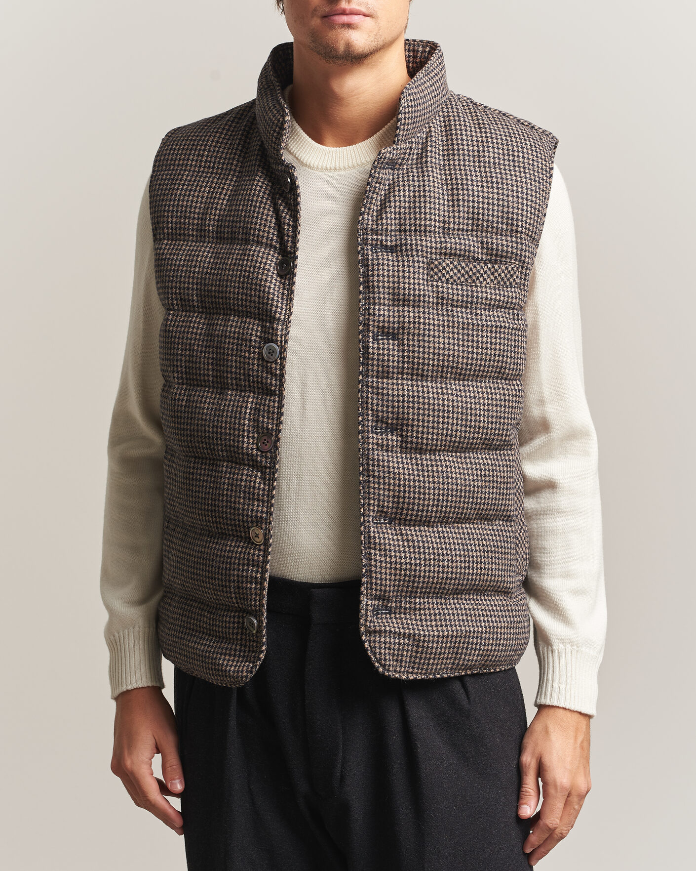 Mies | Ulkoliivit | Stenströms | Padded Houndstooth Wool Vest Brown