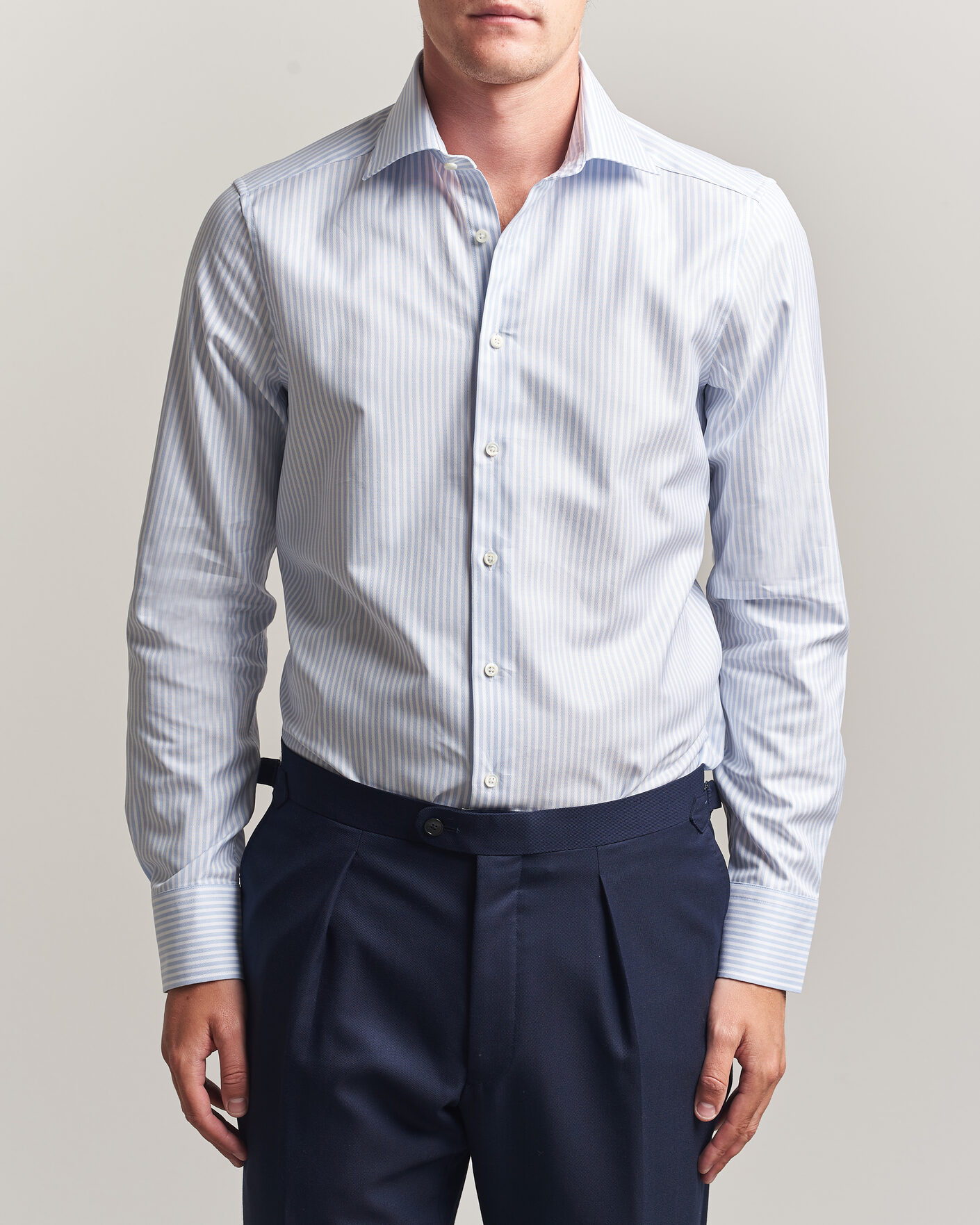 Mies | Kauluspaidat | Stenströms | Slimline Twofold Cotton Stripe Shirt Light Blue