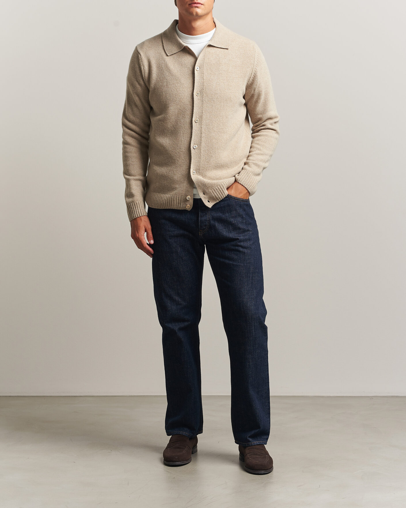 Mies | Puserot | Stenströms | Brushed Merino Polo Cardigan Beige