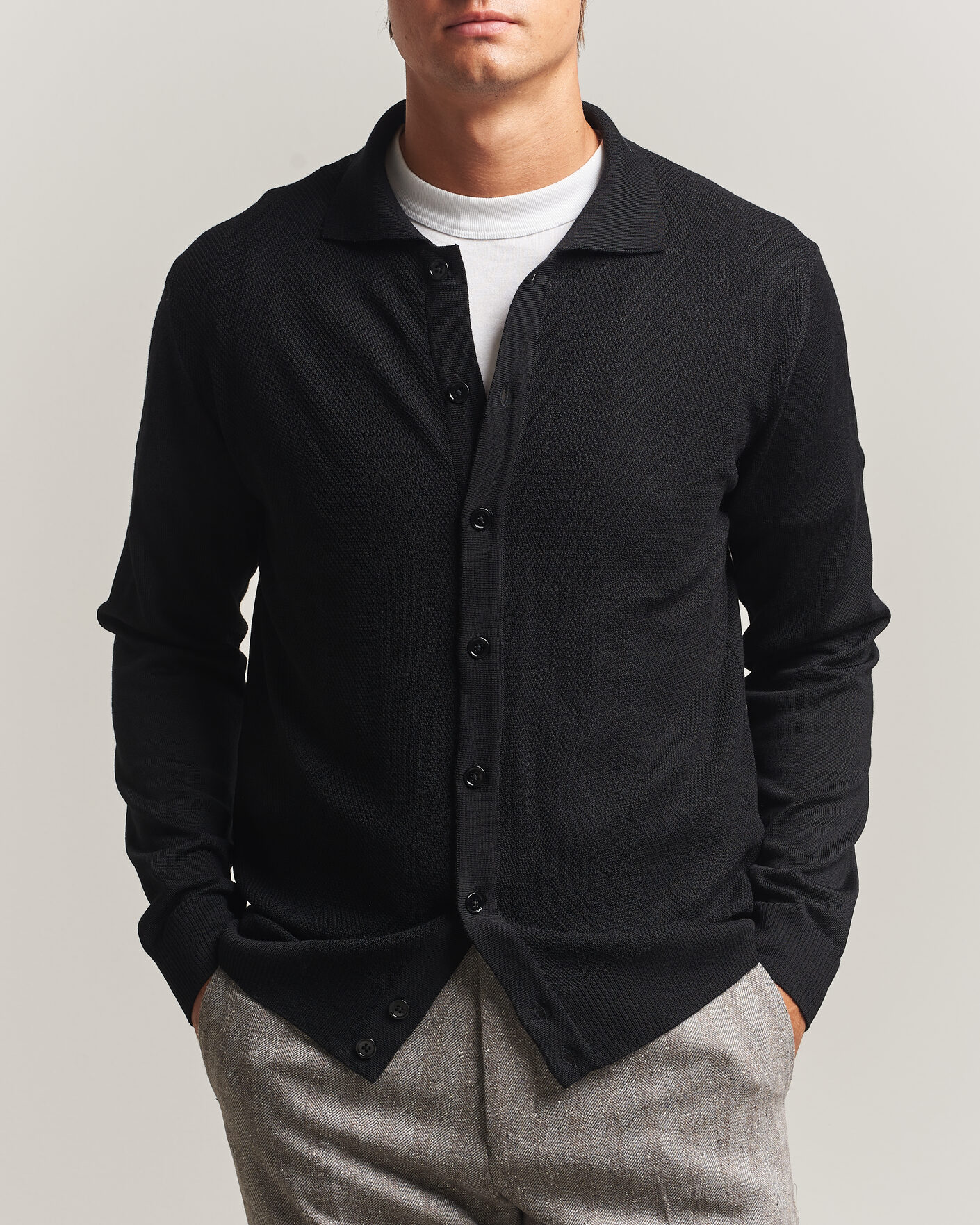 Mies | Puserot | Stenströms | Merino Herringbone Polo Cardigan Black