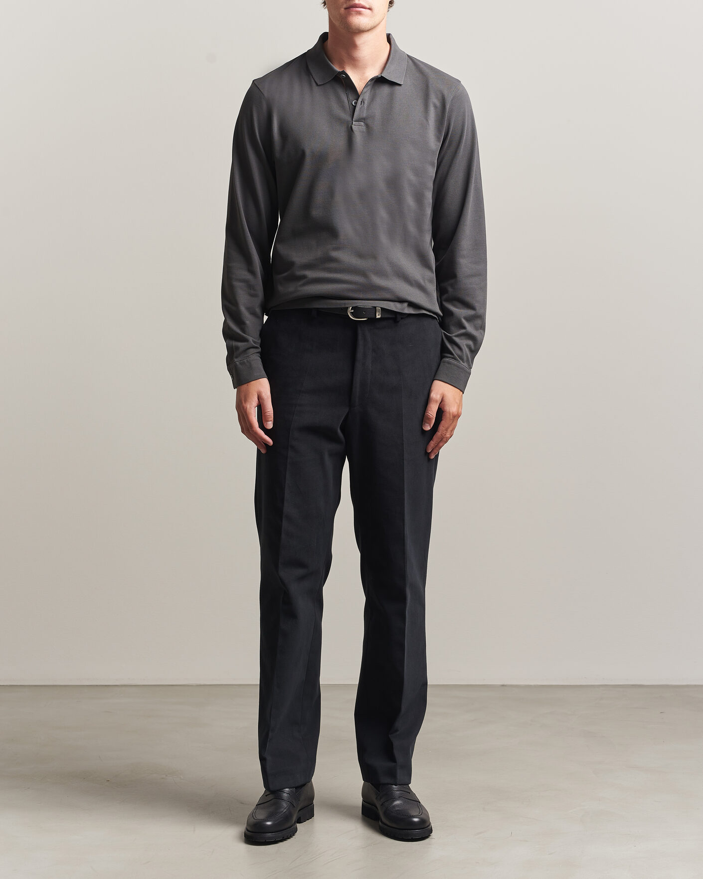Mies | Pikeet | Sunspel | Supima Cotton Long Sleeve Pique Polo Anthracite