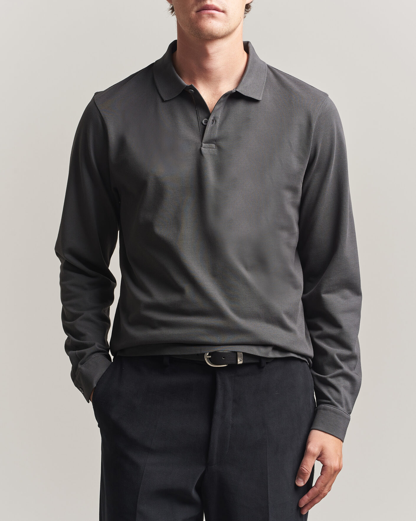 Mies | Pikeet | Sunspel | Supima Cotton Long Sleeve Pique Polo Anthracite
