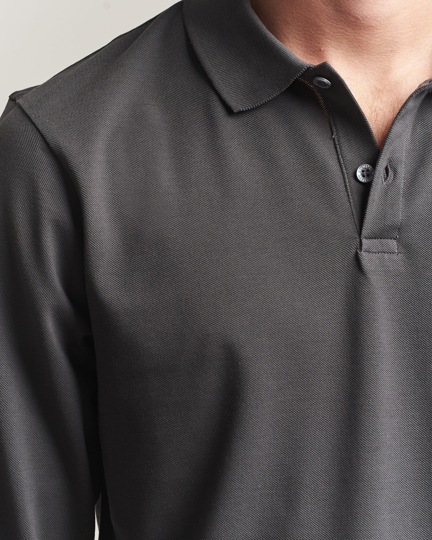 Mies | Pikeet | Sunspel | Supima Cotton Long Sleeve Pique Polo Anthracite