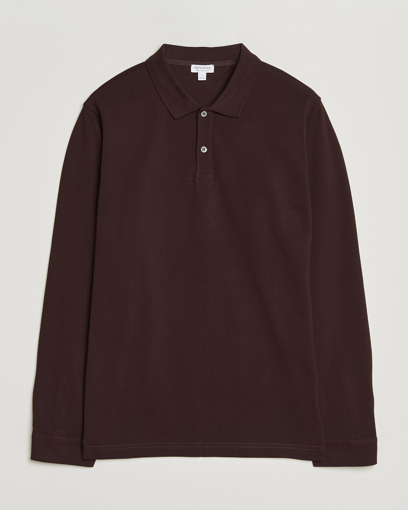 Mies | Pikeet | Sunspel | Supima Cotton Long Sleeve Pique Polo Dark Brown
