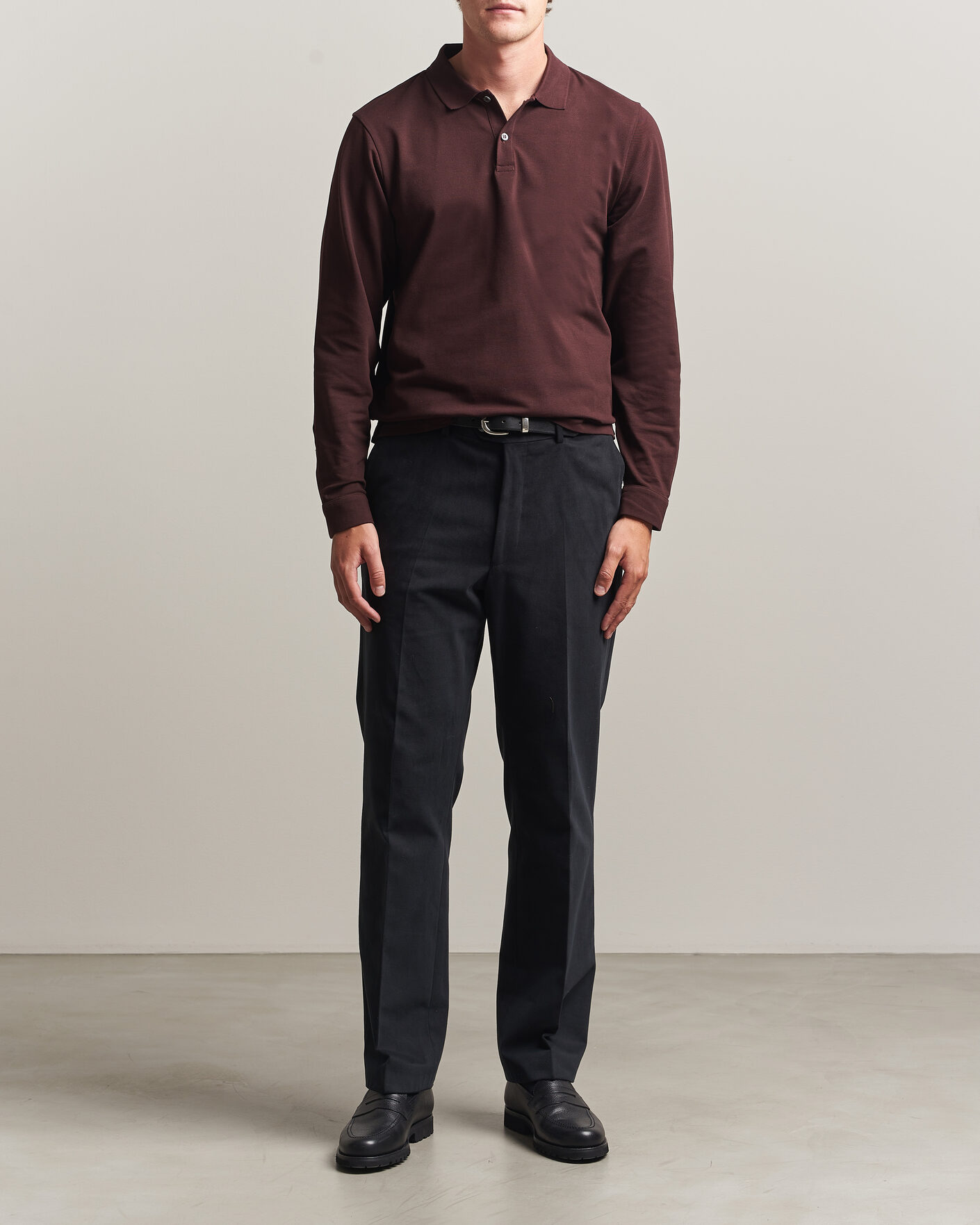 Mies | Pikeet | Sunspel | Supima Cotton Long Sleeve Pique Polo Dark Brown