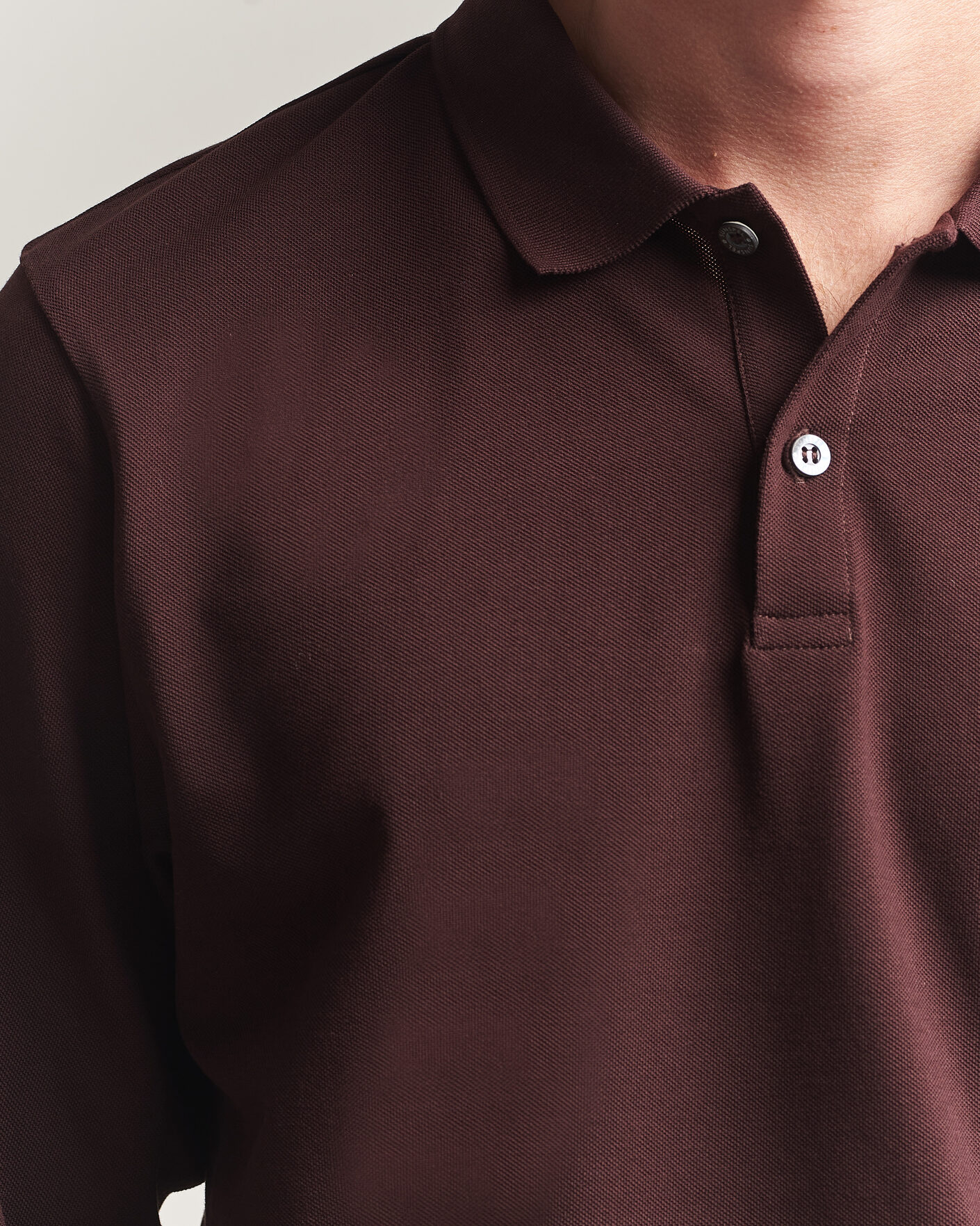 Mies | Pikeet | Sunspel | Supima Cotton Long Sleeve Pique Polo Dark Brown