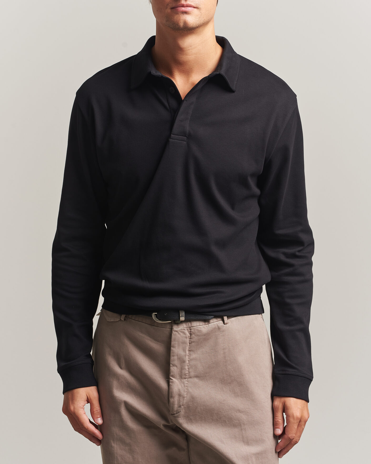 Mies | Pikeet | Sunspel | Heavy Weight Supima Cotton Long Sleeve Polo Black
