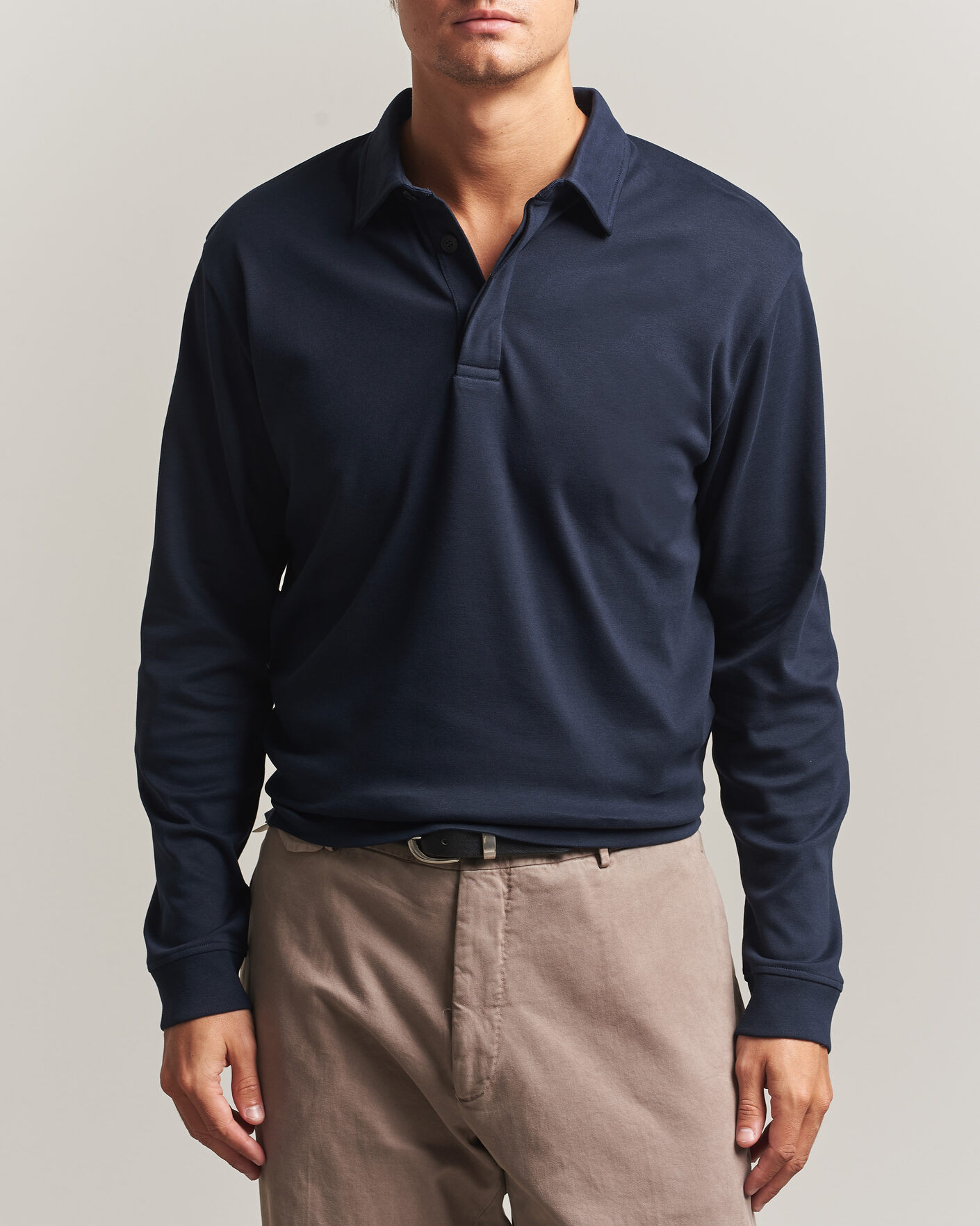 Mies | Pikeet | Sunspel | Heavy Weight Supima Cotton Long Sleeve Polo Navy