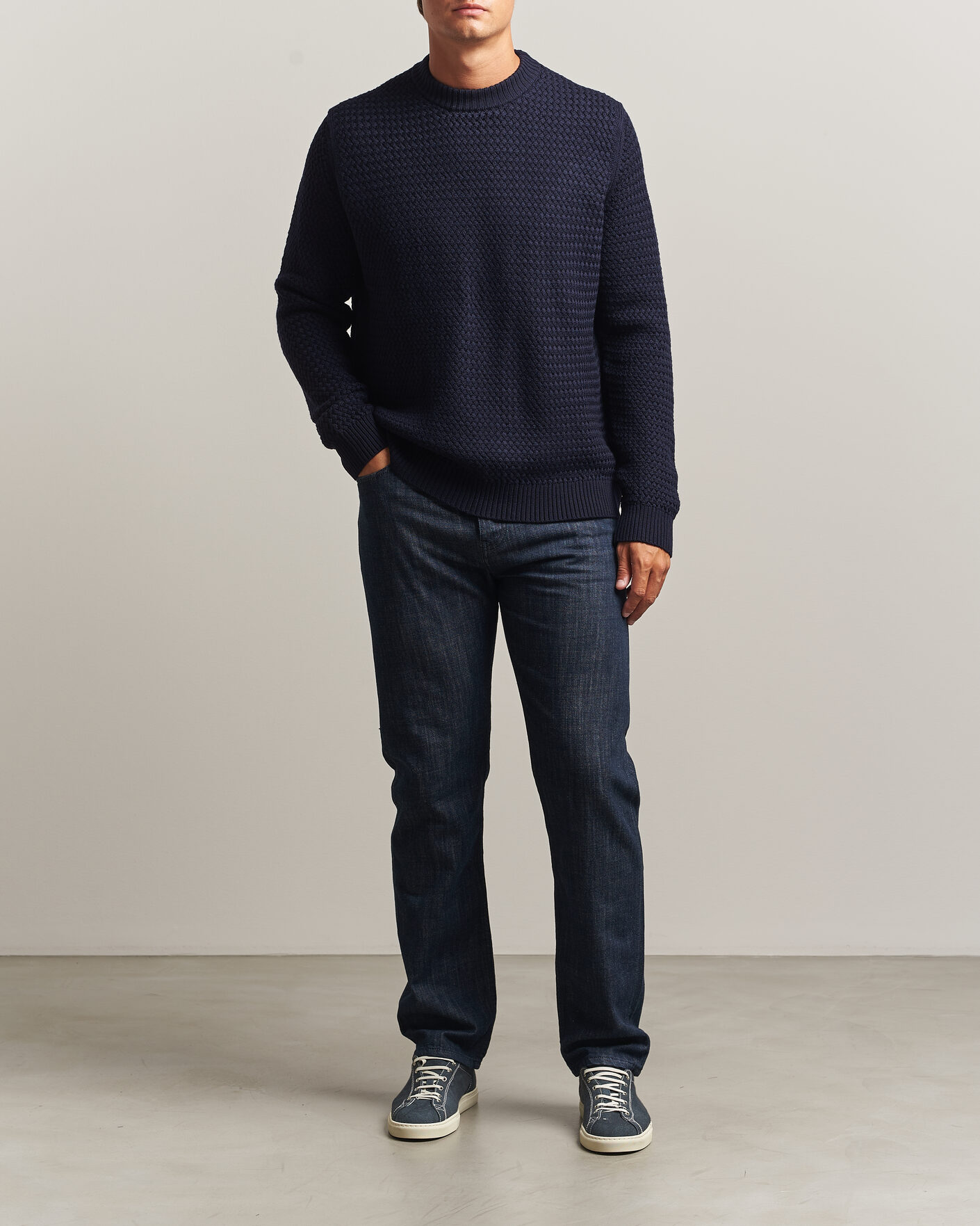 Mies | Puserot | Sunspel | Merino Basketweave Stitch Jumper Navy