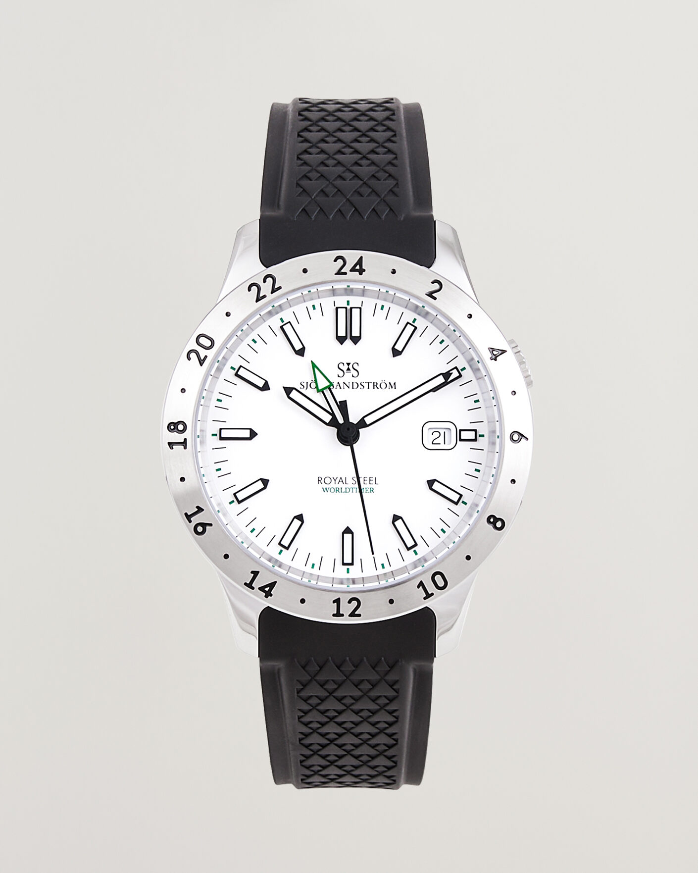 Mies | Sjöö Sandström Royal Steel Worldtimer 41mm Black Rubber White Dial | Sjöö Sandström | Royal Steel Worldtimer 41mm Black Rubber White Dial