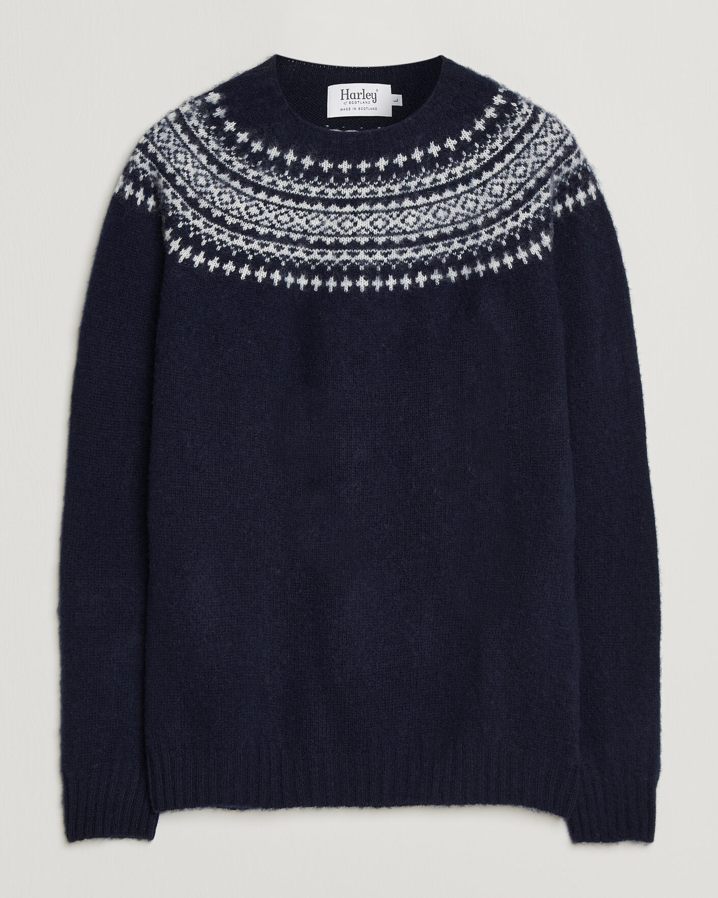 Mies | Puserot | Harley Of Scotland | Brushed Supersoft Lambswool Yolk Fairisle Navy/Snow White