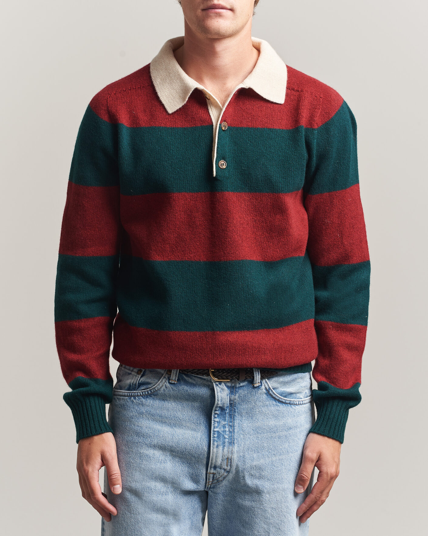 Mies | Puserot | Harley Of Scotland | Supersoft 2ply Lambswool Rugby Green/Red
