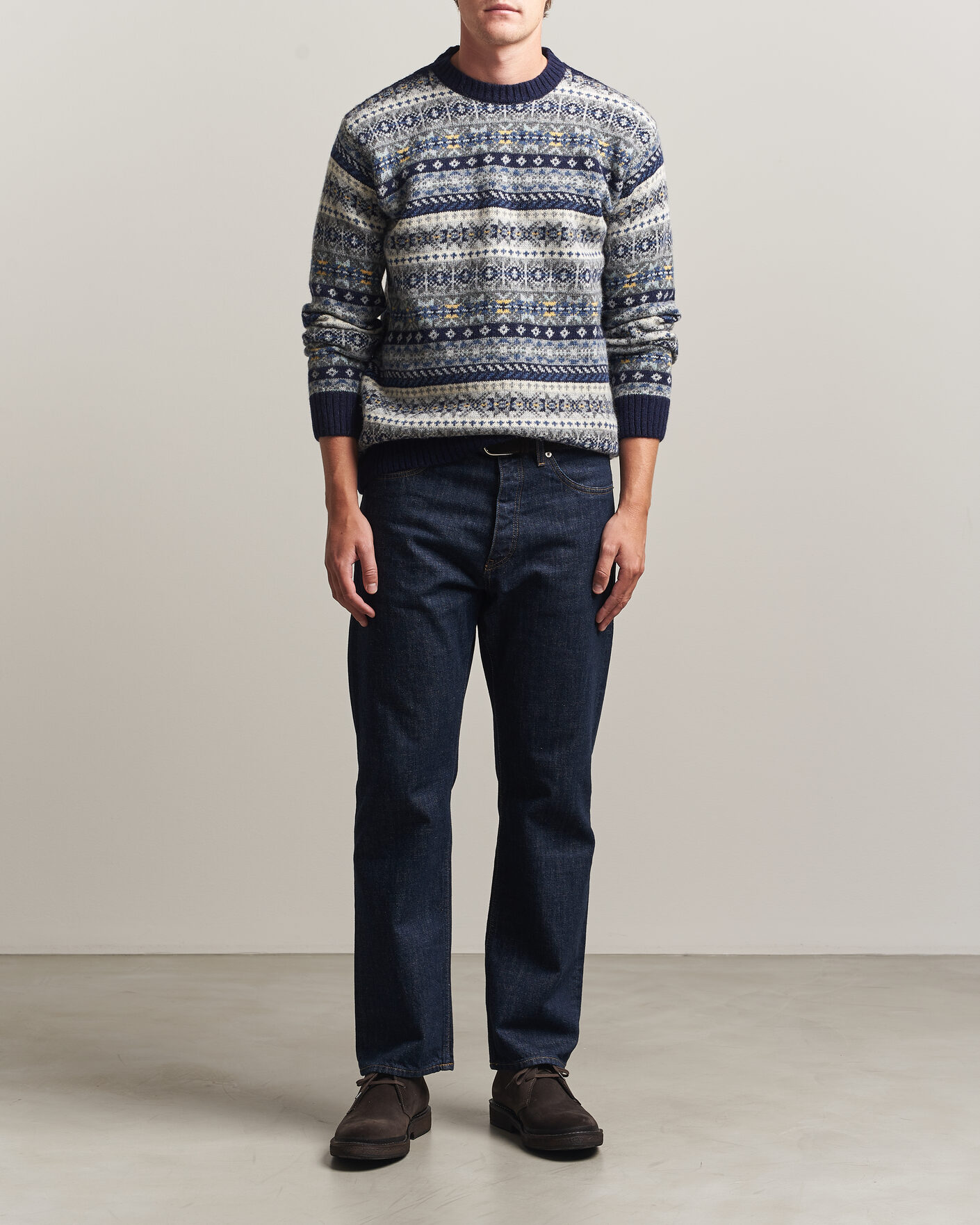 Mies | Puserot | Harley Of Scotland | Supersoft 2ply Lambswool Fairisle Crew Navy