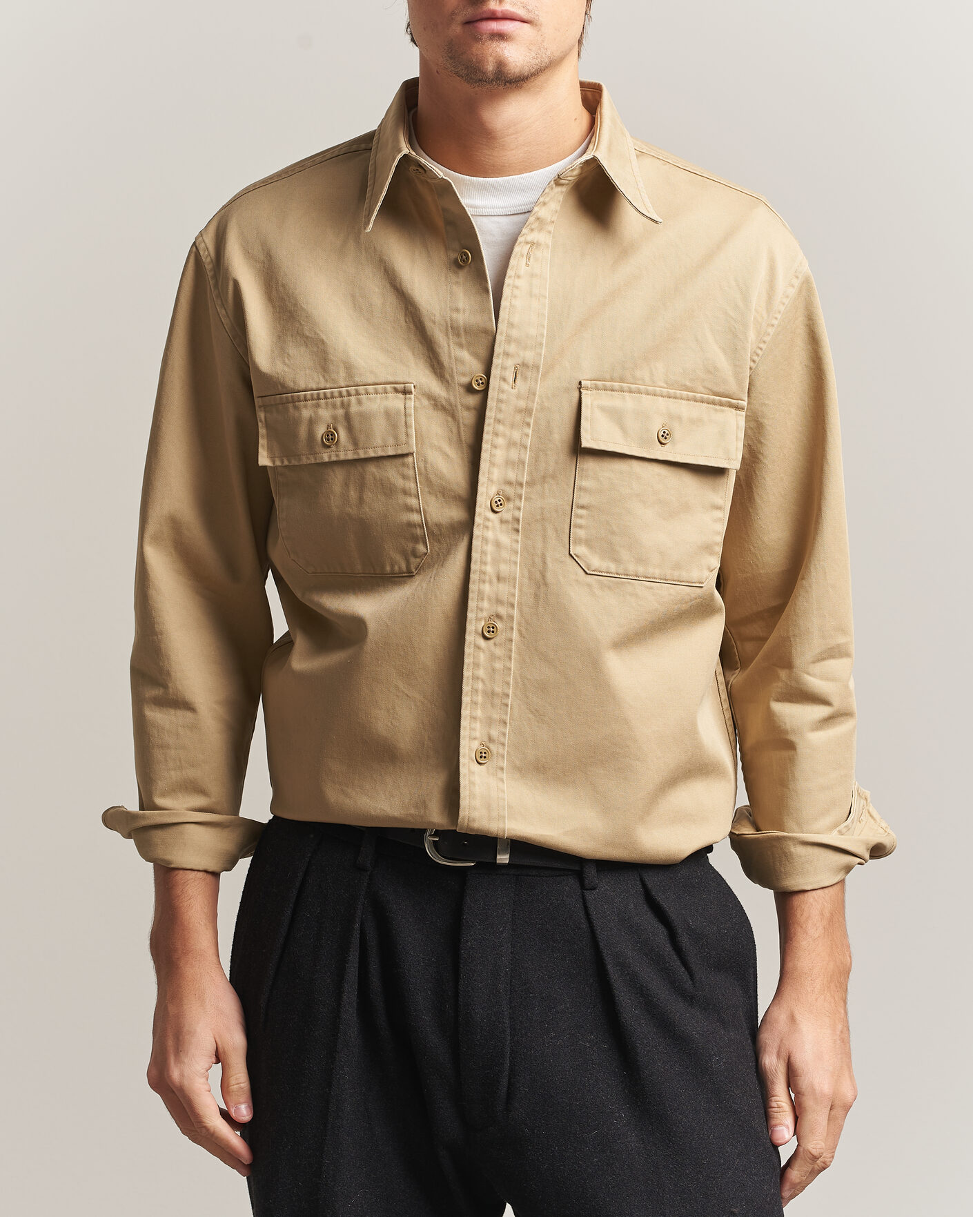 Mies | Kauluspaidat | Kamakura Shirts | Cotton Twill CPO Overshirt Beige