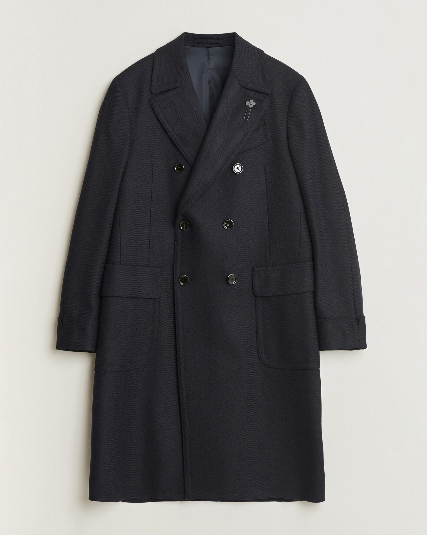 Mies | Takit | Lardini | Ulster Wool/Cashmere Tonal Herringbone Coat Navy