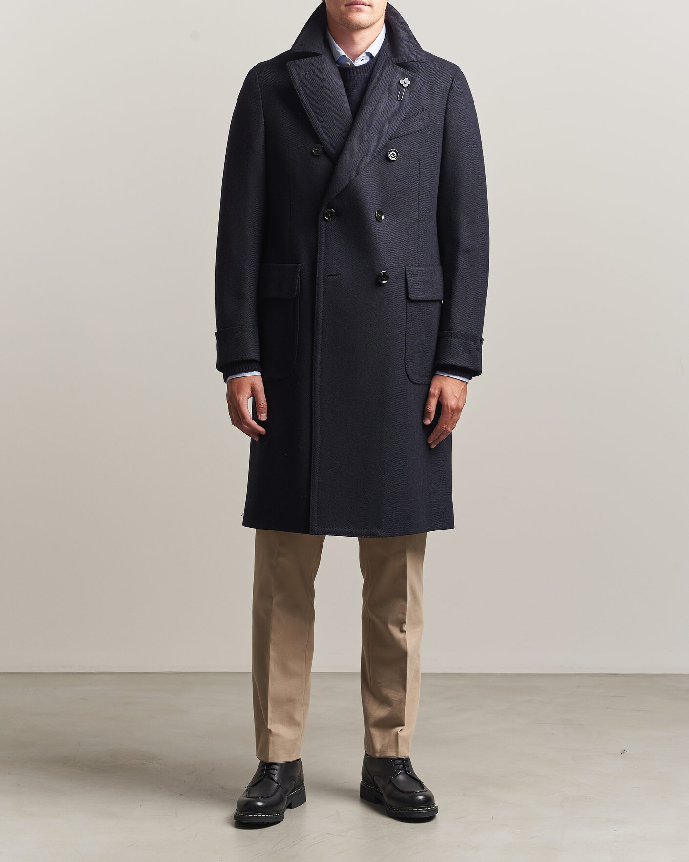 Mies | Takit | Lardini | Ulster Wool/Cashmere Tonal Herringbone Coat Navy
