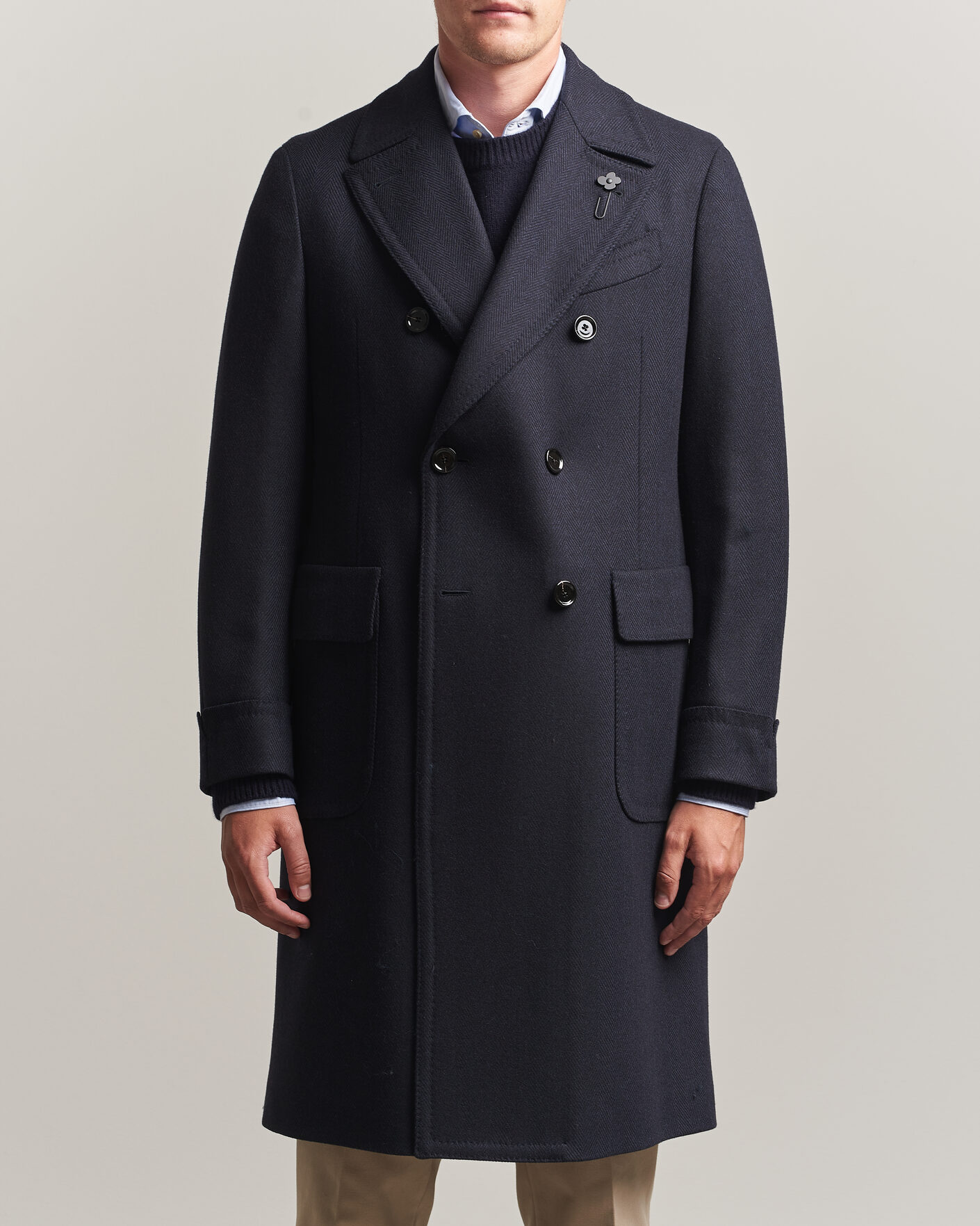 Mies | Takit | Lardini | Ulster Wool/Cashmere Tonal Herringbone Coat Navy